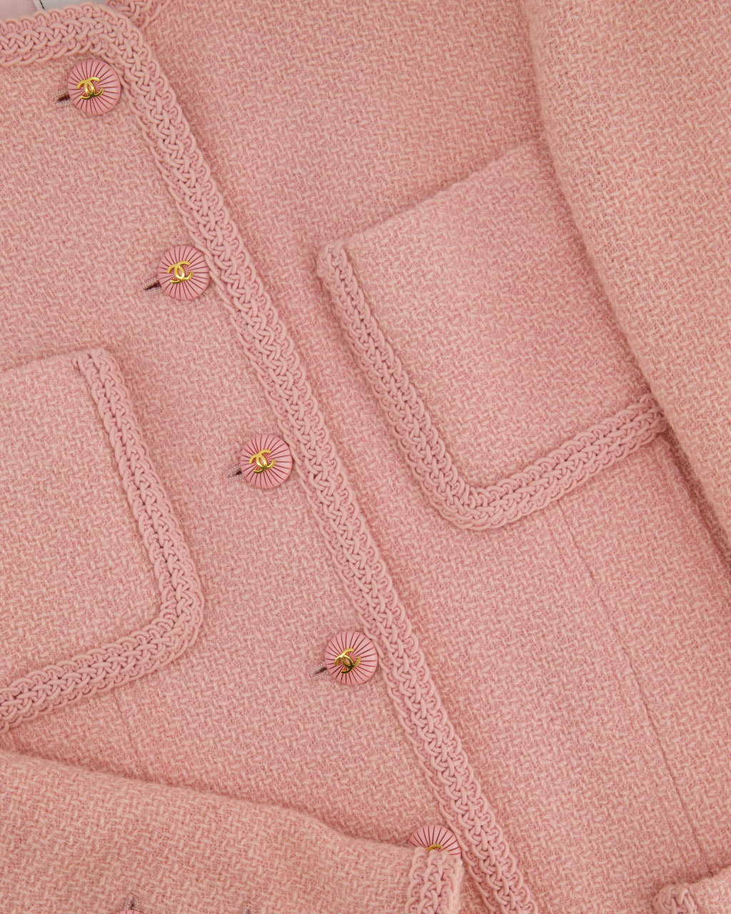 Chanel 93C Pink Tweed Skirt and Jacket Set with Logo Buttons and Pocket Detail FR 38 (UK 10)