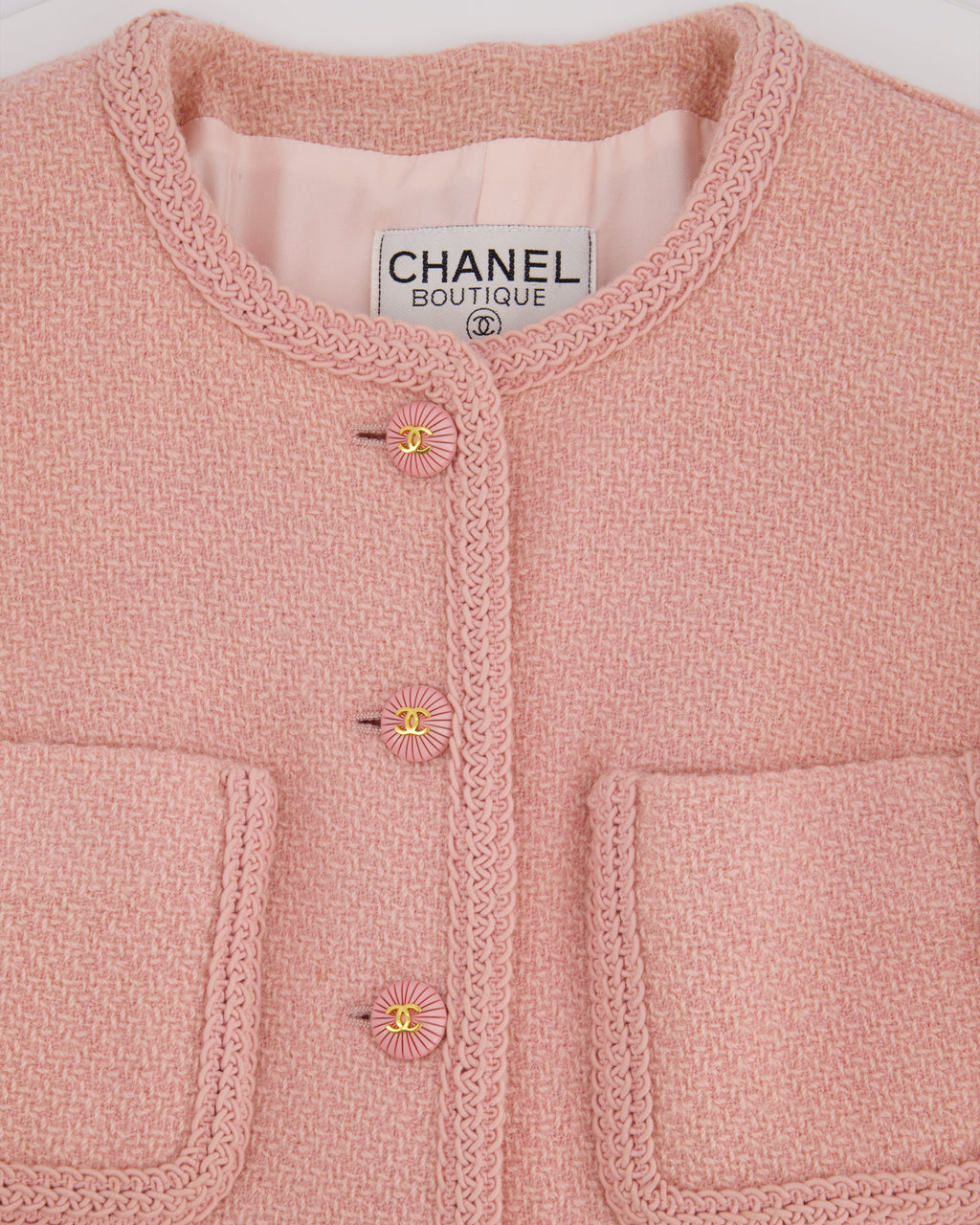 Chanel 93C Pink Tweed Skirt and Jacket Set with Logo Buttons and Pocket Detail FR 38 (UK 10)