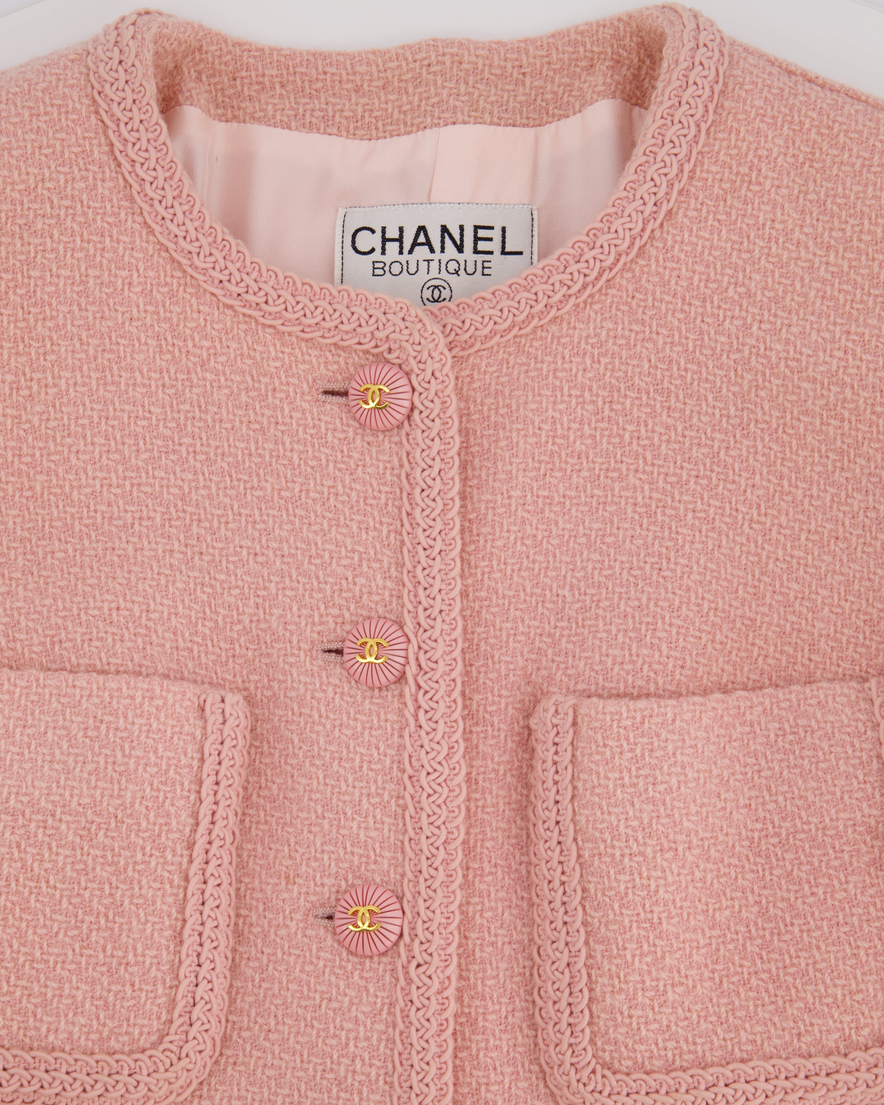 Chanel 93C Pink Tweed Skirt and Jacket Set with Logo Buttons and Pocket Detail FR 38 (UK 10)