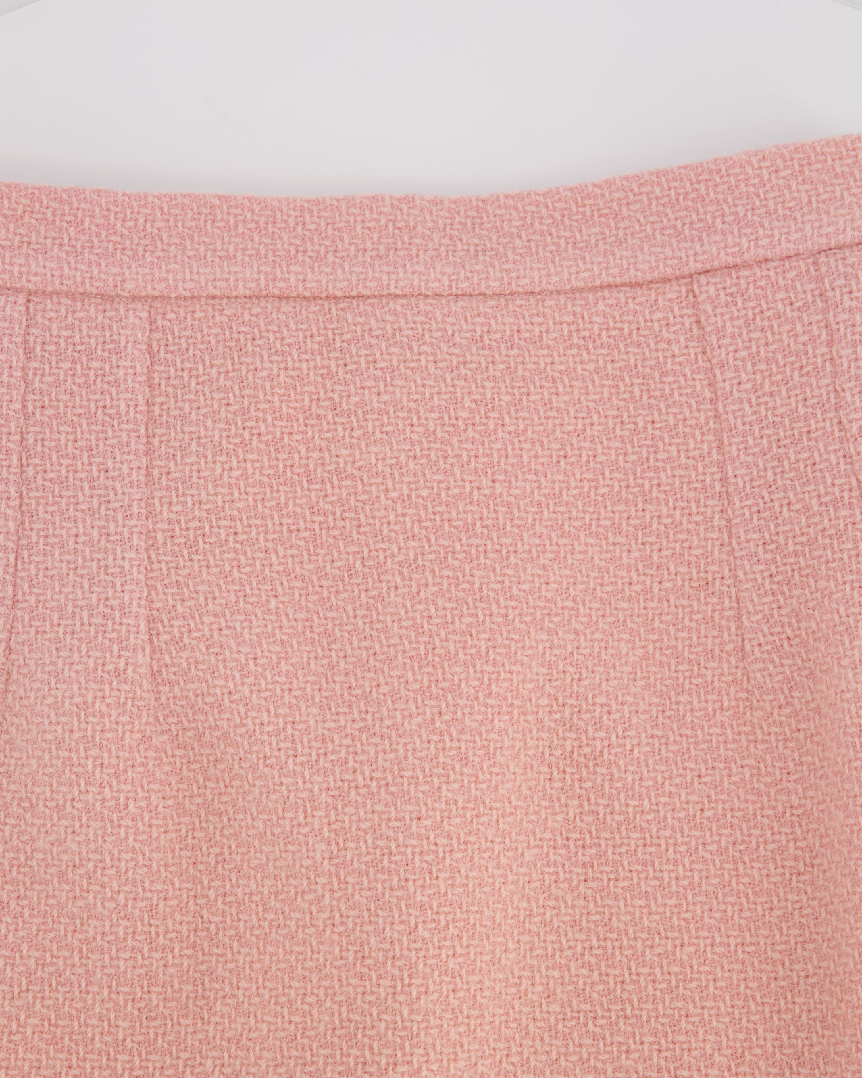 Chanel 93C Pink Tweed Skirt and Jacket Set with Logo Buttons and Pocket Detail FR 38 (UK 10)