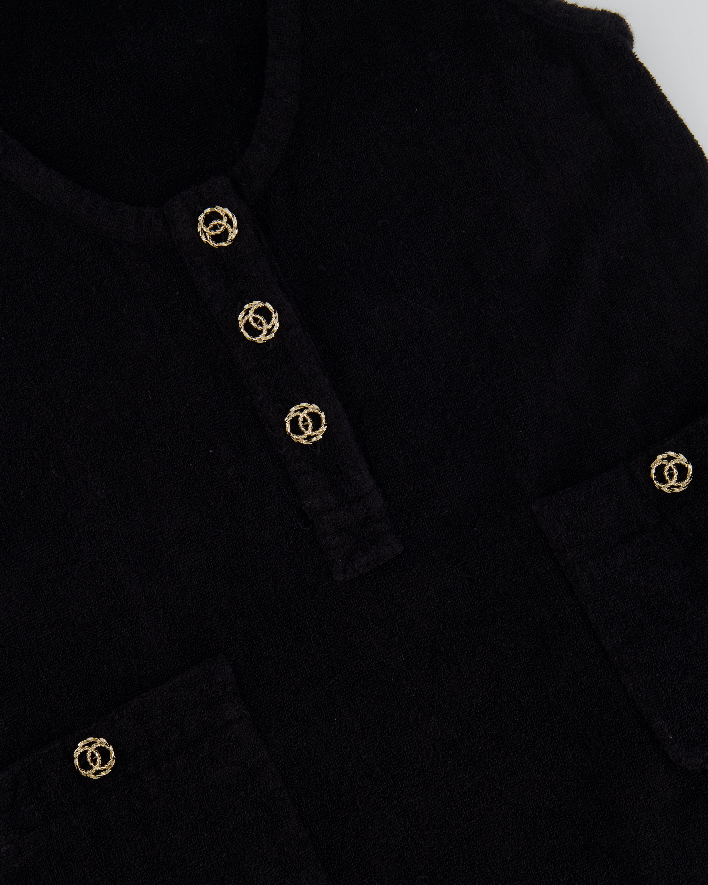 Chanel Black Terry Beach Mini Dress with Pocket Detail and Champagne Gold CC Logo Buttons Size FR 36 (UK 8)