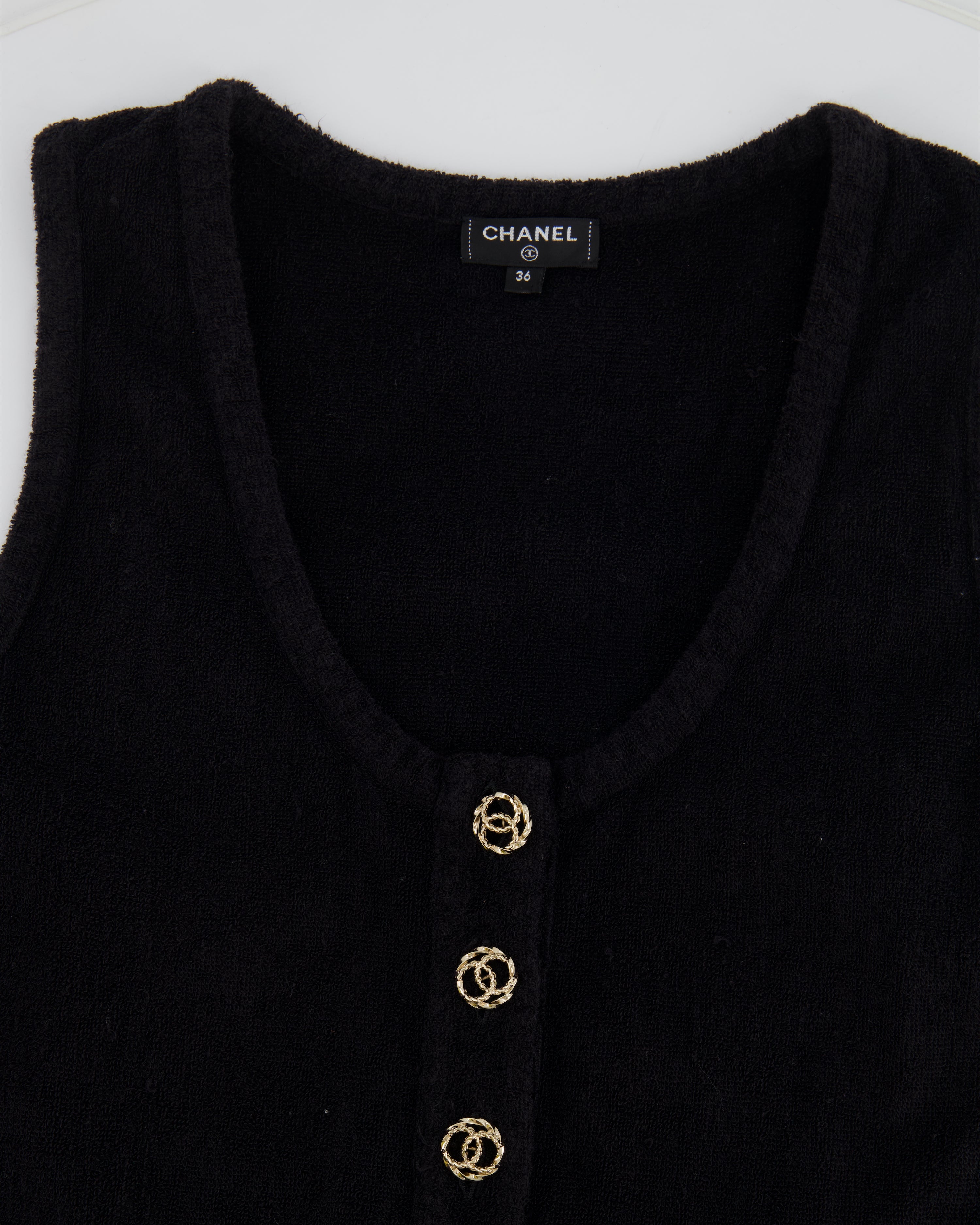 Chanel Black Terry Beach Mini Dress with Pocket Detail and Champagne Gold CC Logo Buttons Size FR 36 (UK 8)
