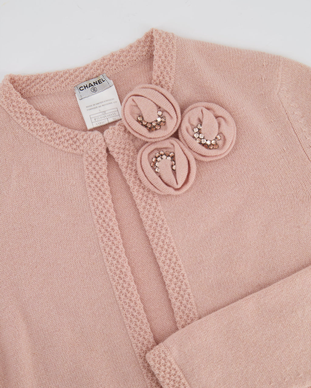 Chanel 05/S Vintage Pink Cashmere Cardigan with Floral Crystals Size FR 38 (UK 10)