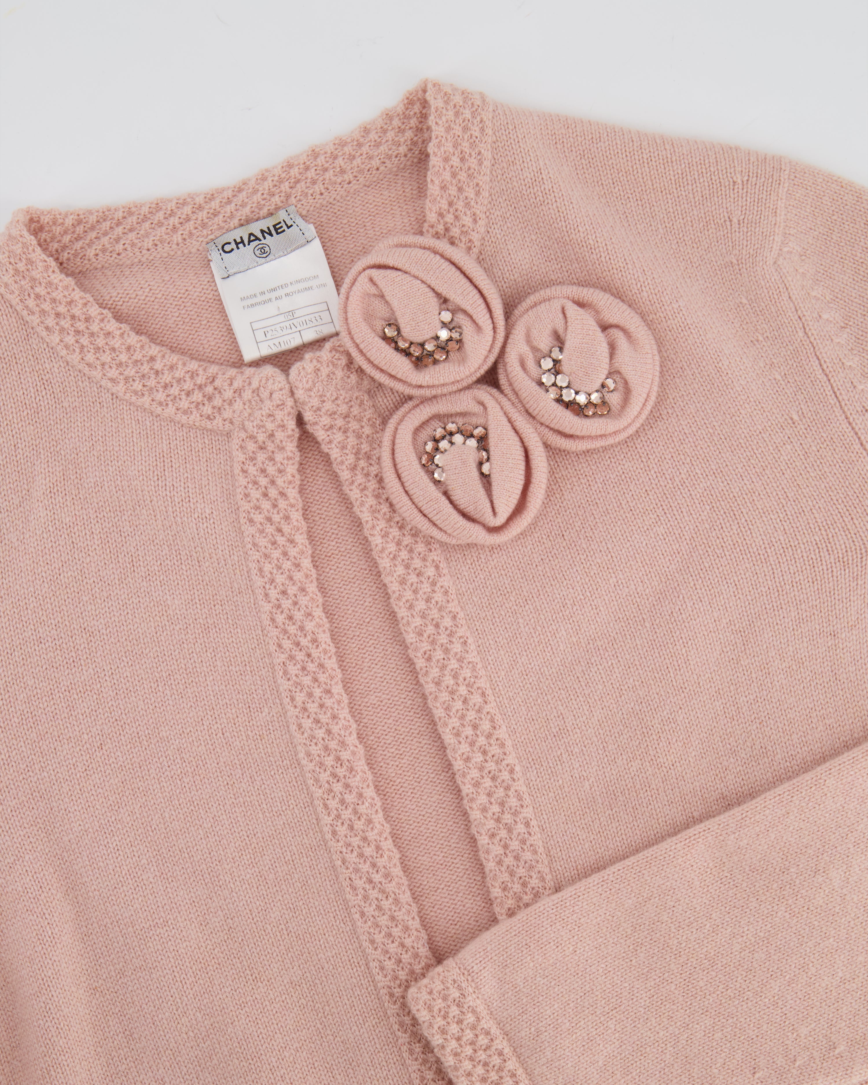 Chanel 05/S Vintage Pink Cashmere Cardigan with Floral Crystals Size FR 38 (UK 10)