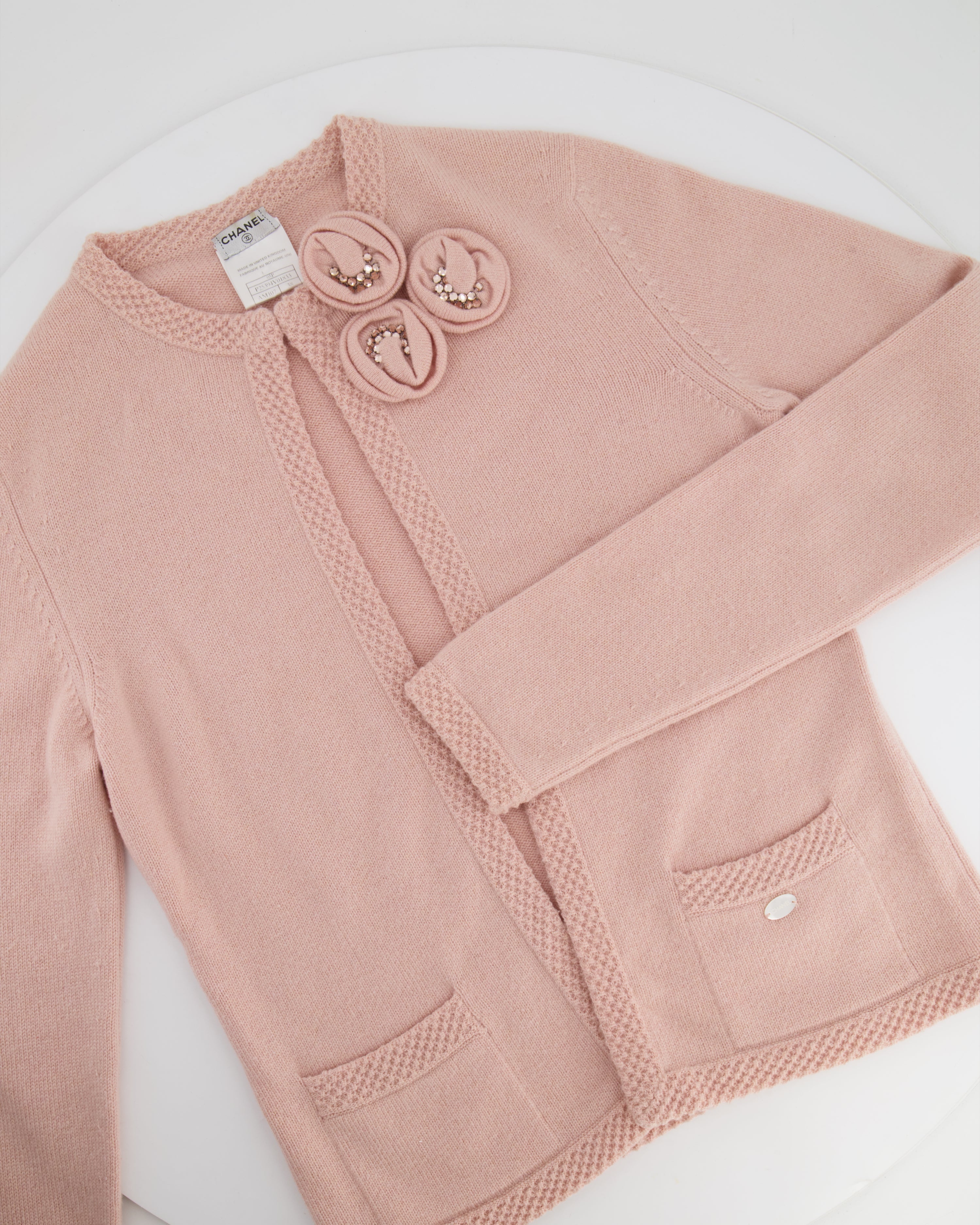 Chanel 05/S Vintage Pink Cashmere Cardigan with Floral Crystals Size FR 38 (UK 10)