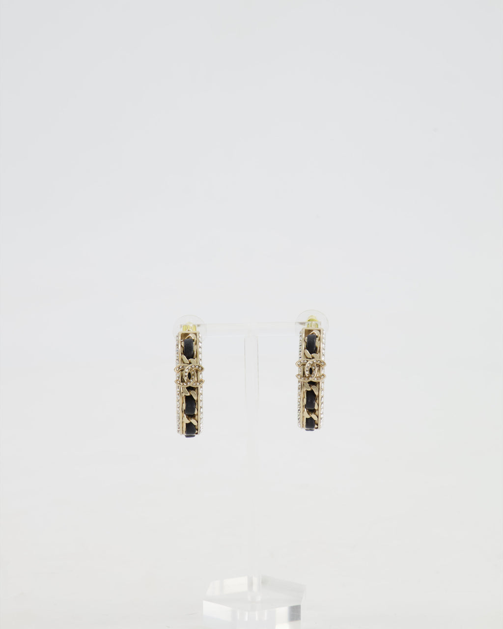 Chanel 2023 Gold, Black Leather and Crystal Embellished CC Logo Hoop Earrings