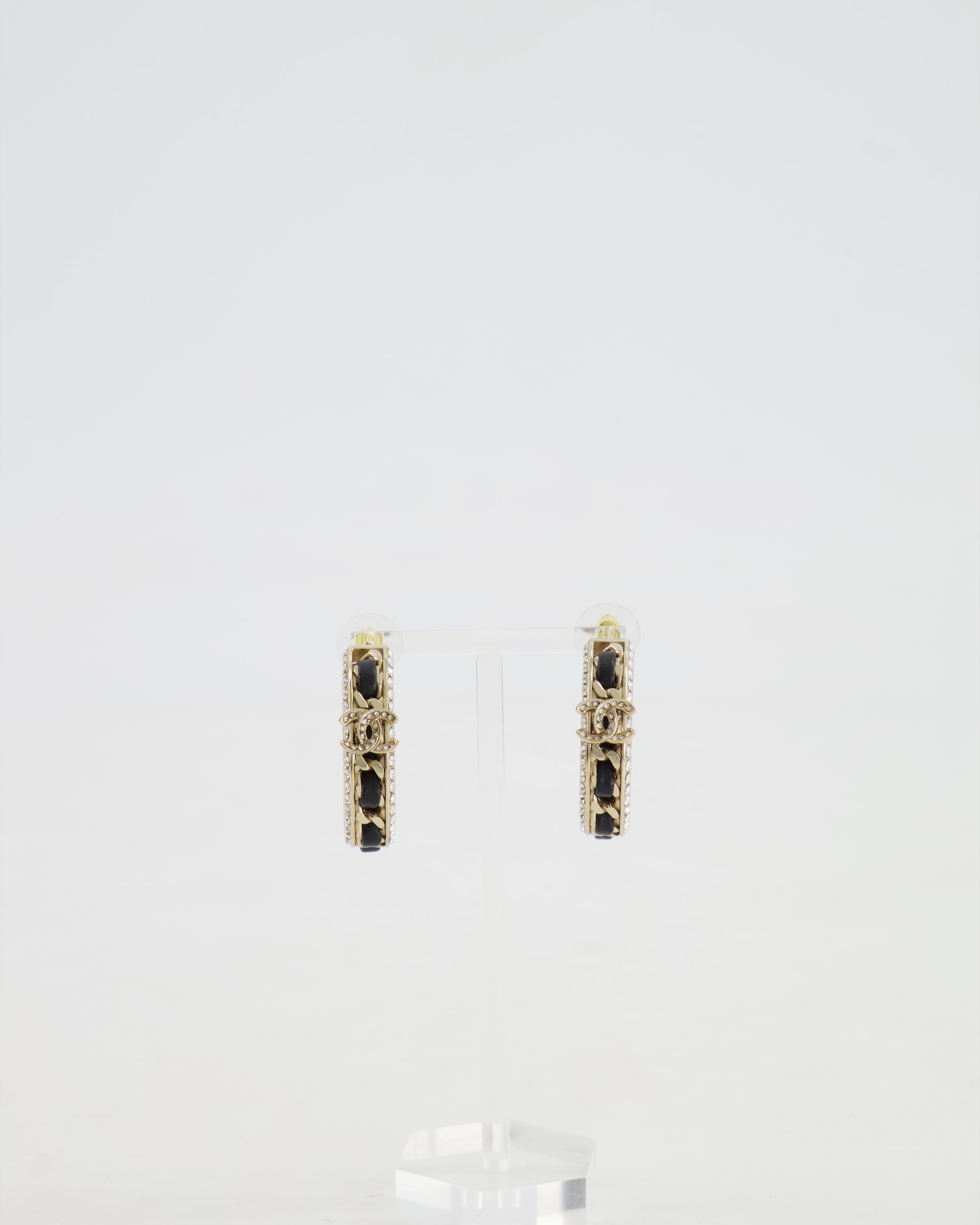 Chanel 2023 Gold, Black Leather and Crystal Embellished CC Logo Hoop Earrings