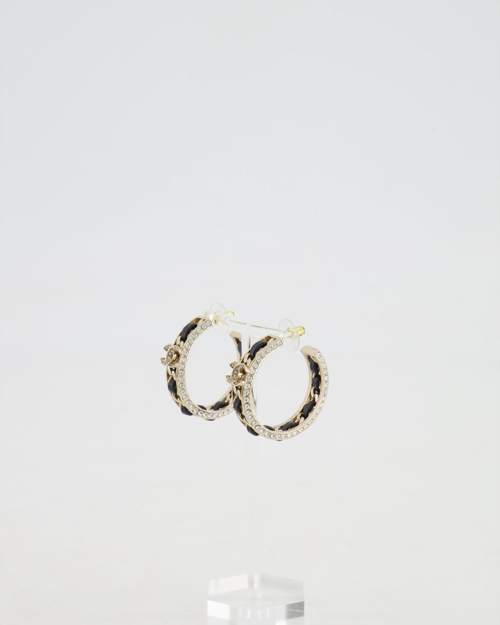 Chanel 2023 Gold, Black Leather and Crystal Embellished CC Logo Hoop Earrings