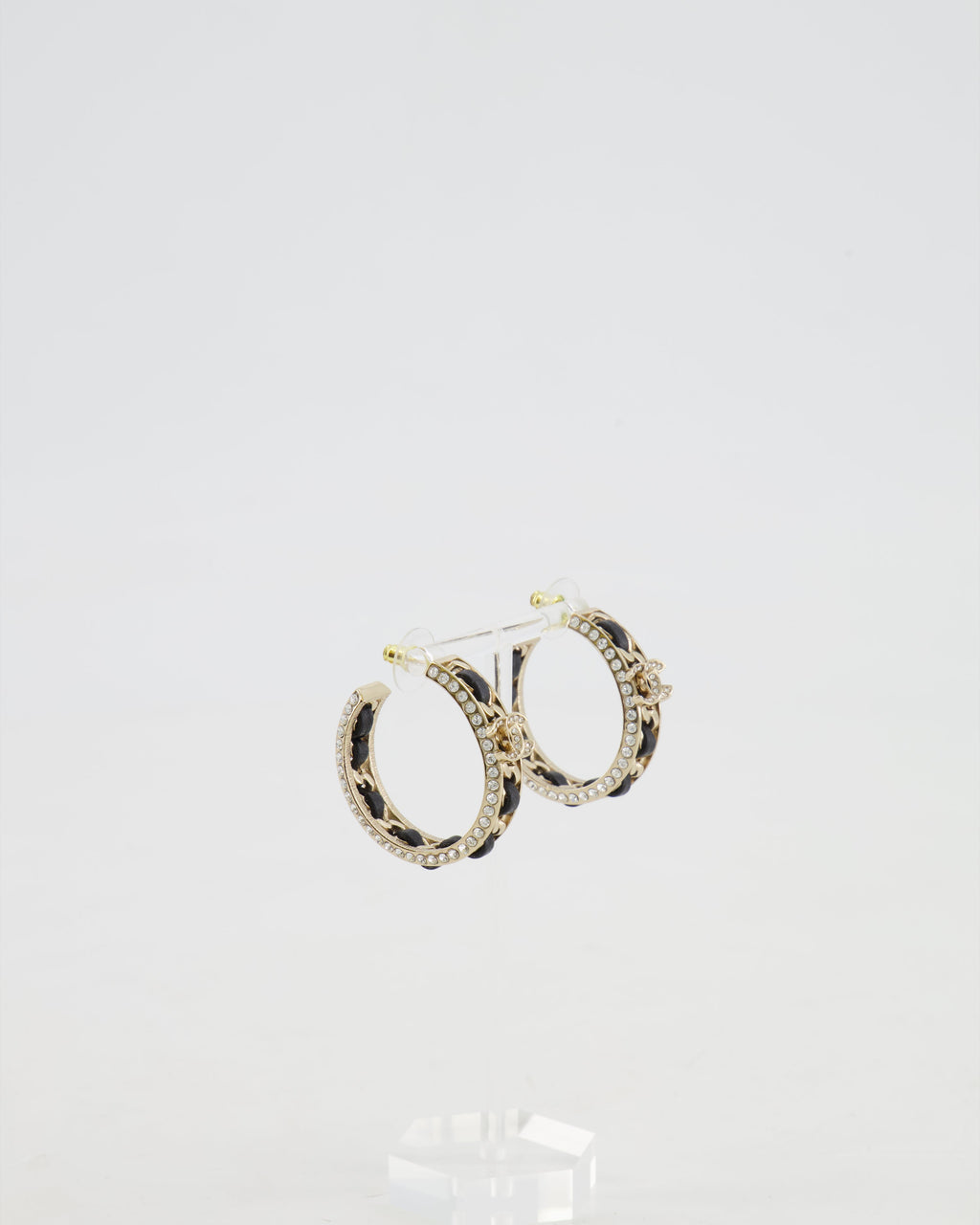 Chanel 2023 Gold, Black Leather and Crystal Embellished CC Logo Hoop Earrings