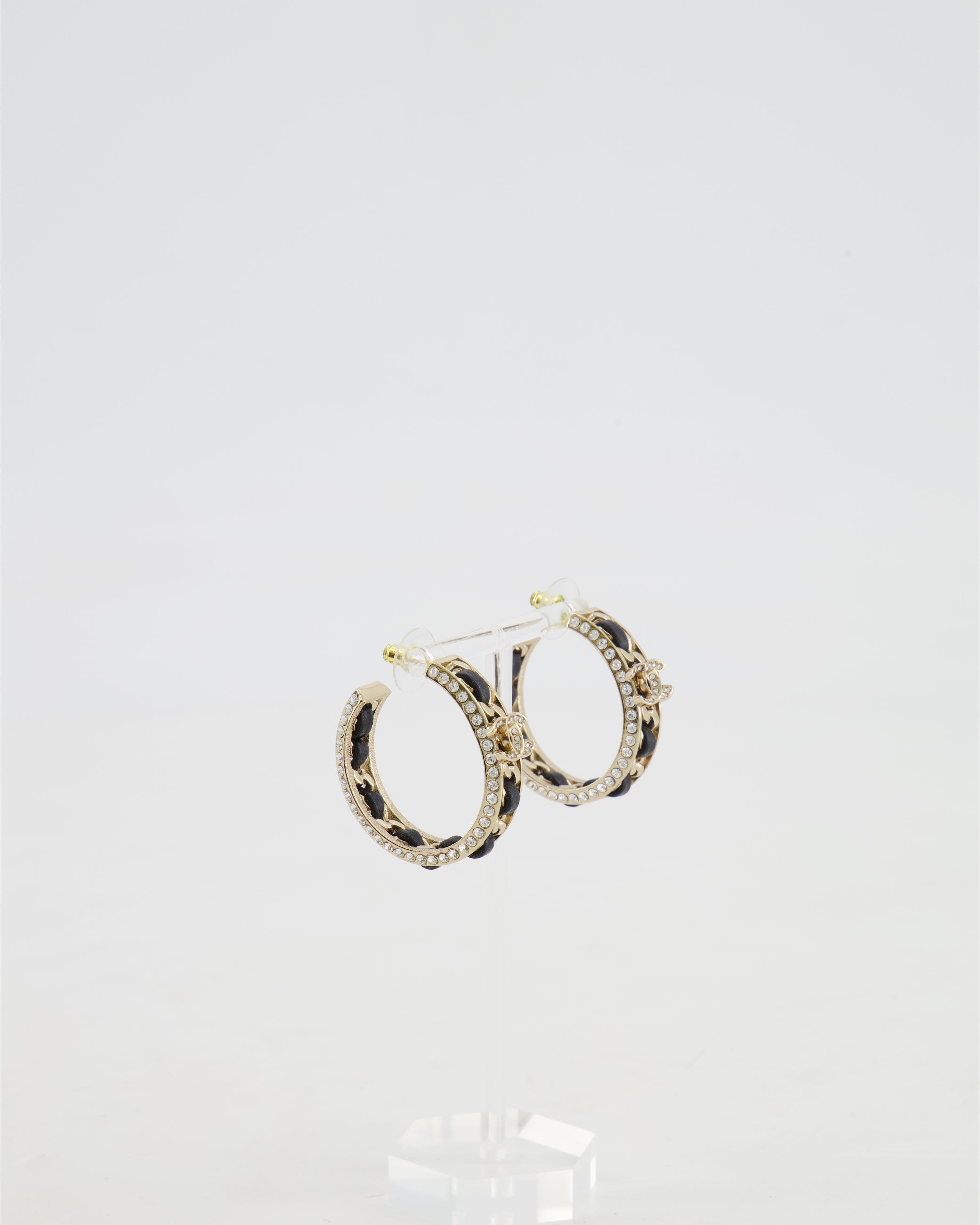 Chanel 2023 Gold, Black Leather and Crystal Embellished CC Logo Hoop Earrings