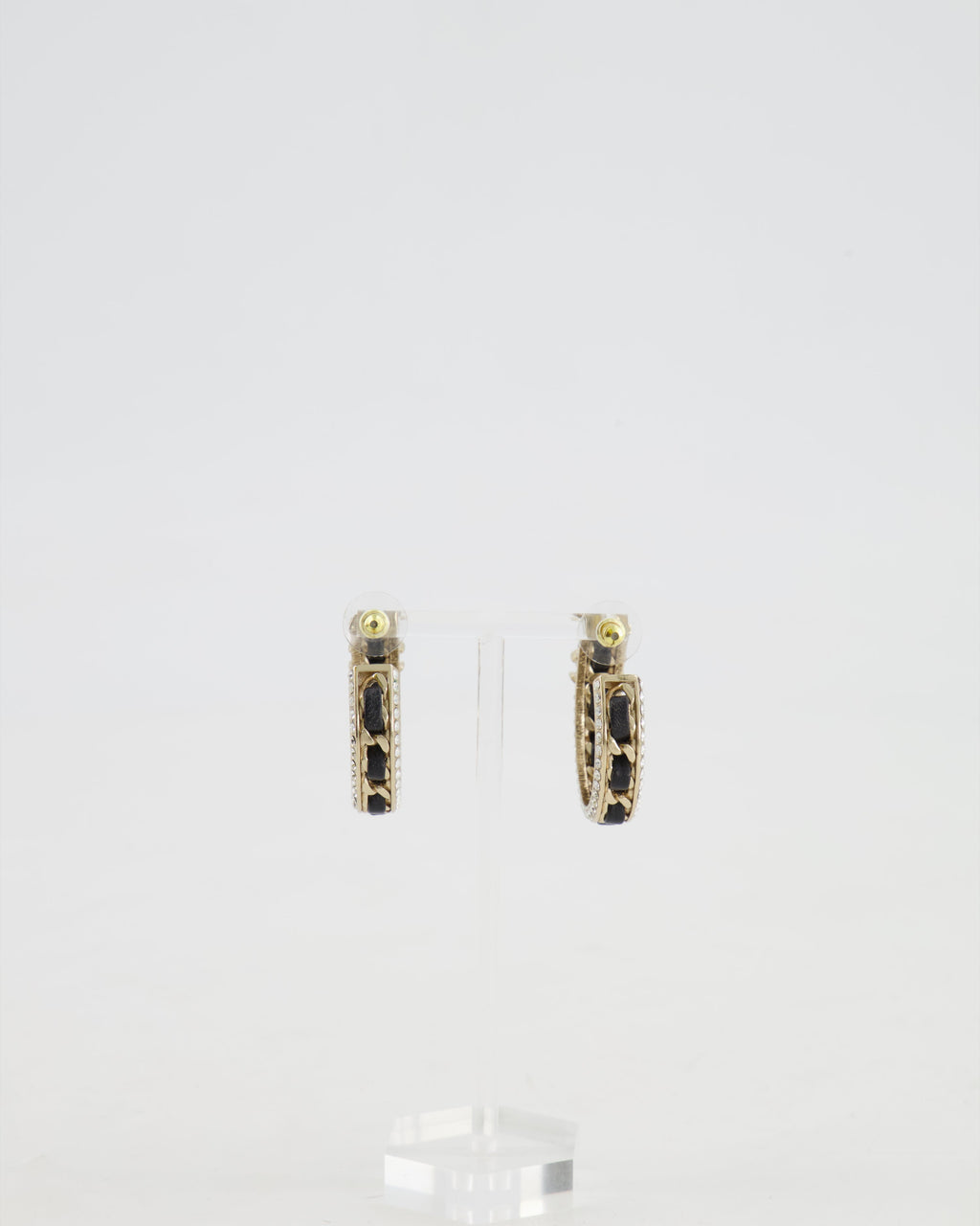 Chanel 2023 Gold, Black Leather and Crystal Embellished CC Logo Hoop Earrings