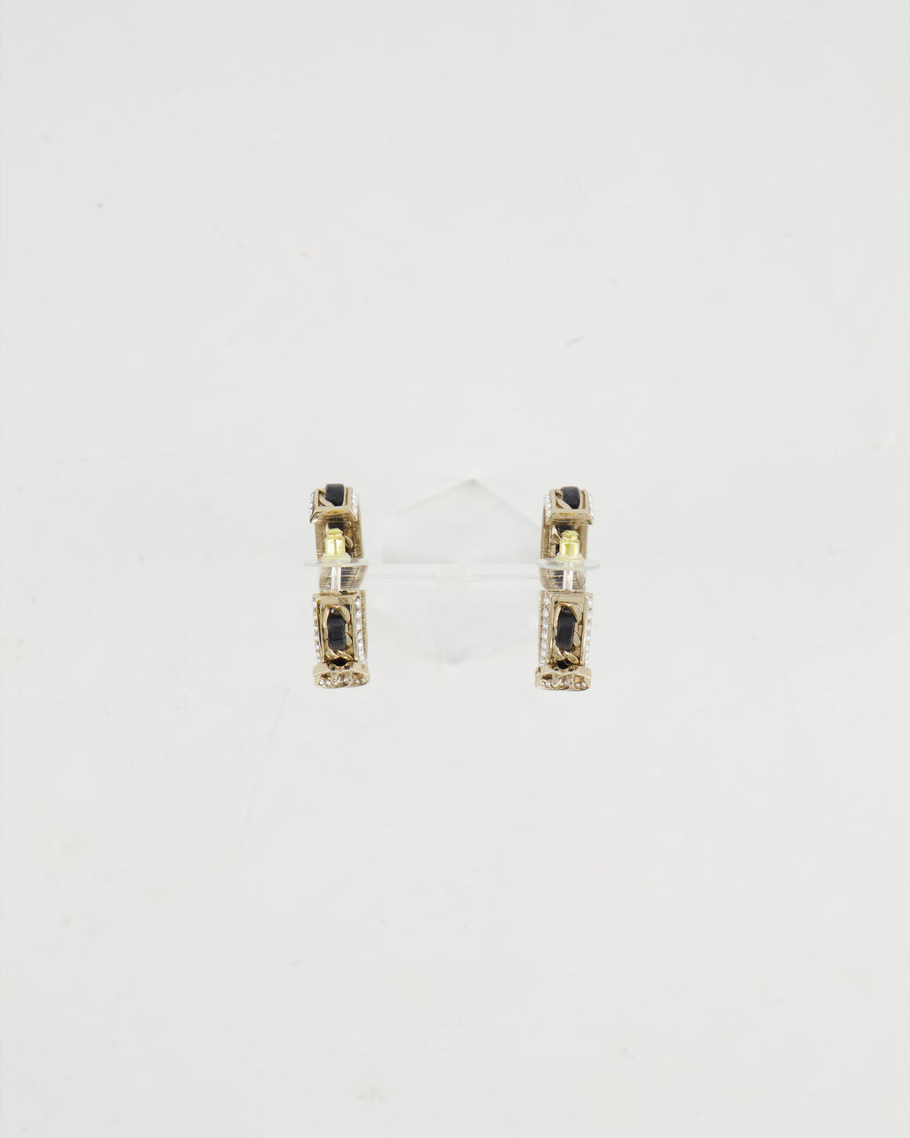 Chanel 2023 Gold, Black Leather and Crystal Embellished CC Logo Hoop Earrings
