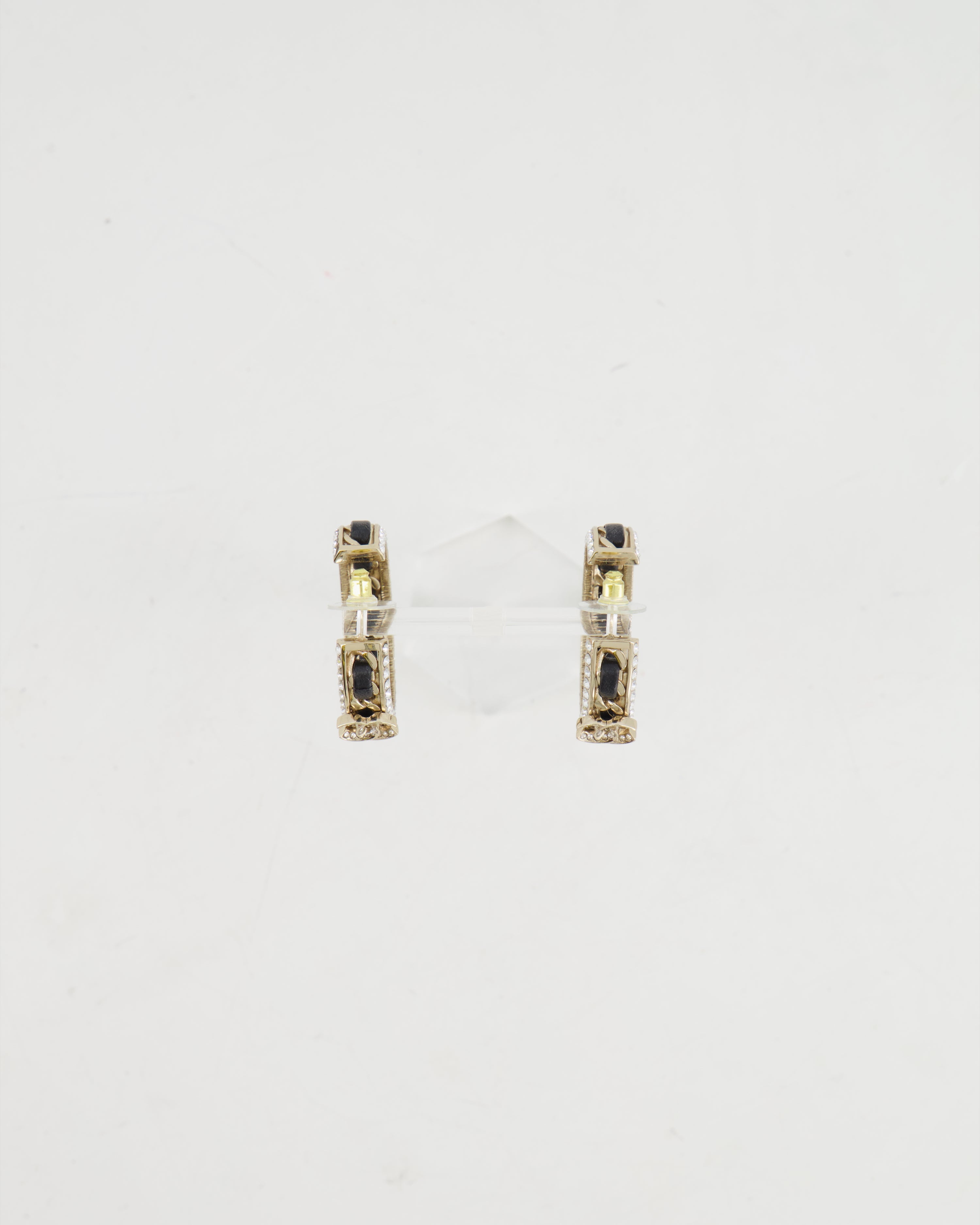 Chanel 2023 Gold, Black Leather and Crystal Embellished CC Logo Hoop Earrings