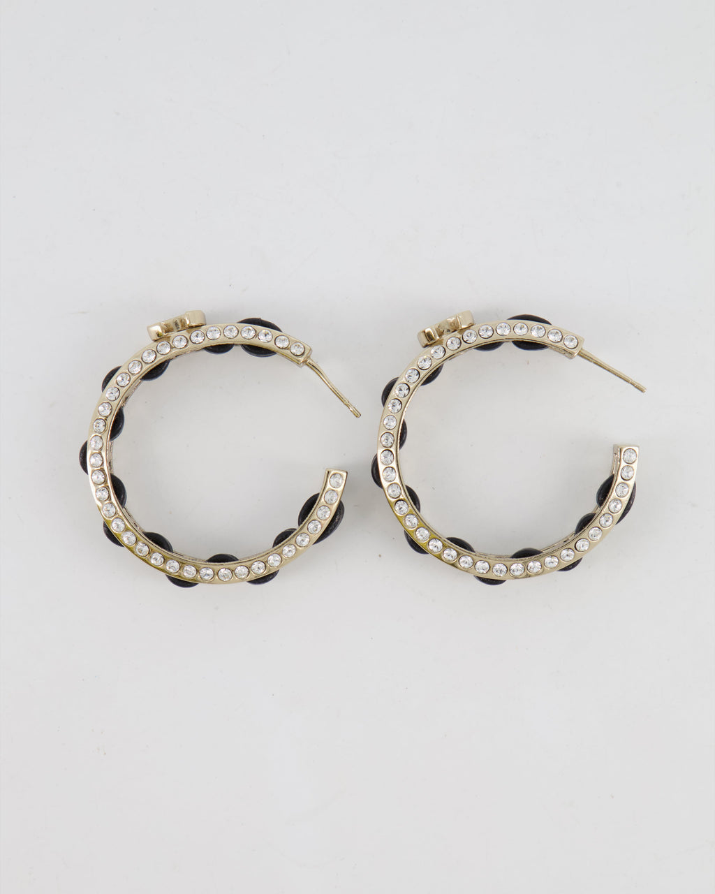 Chanel 2023 Gold, Black Leather and Crystal Embellished CC Logo Hoop Earrings