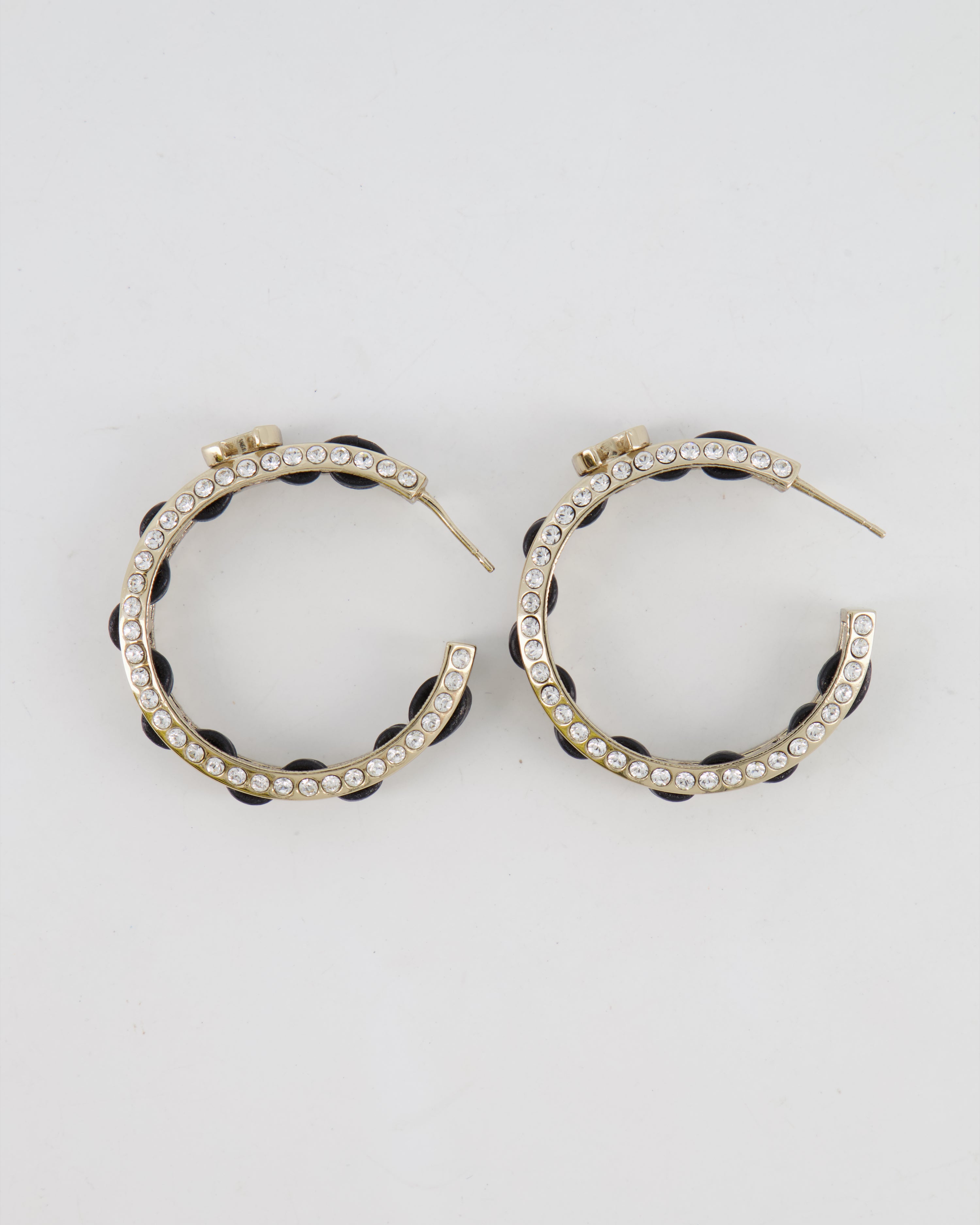 Chanel 2023 Gold, Black Leather and Crystal Embellished CC Logo Hoop Earrings