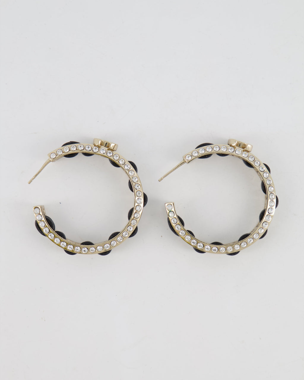 Chanel 2023 Gold, Black Leather and Crystal Embellished CC Logo Hoop Earrings