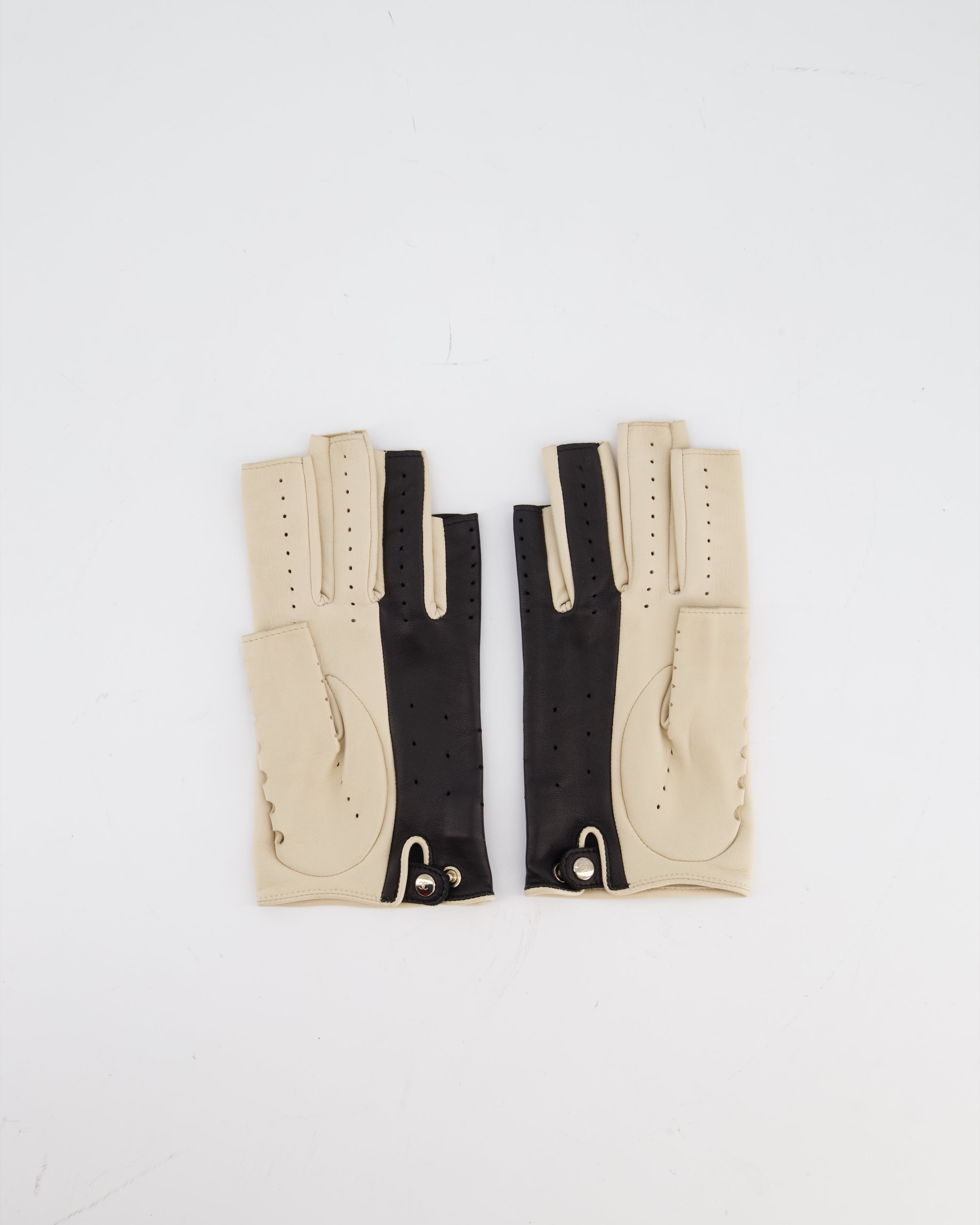 Chanel Black and Beige Perforated Fingerless Leather Gloves Size 7.5