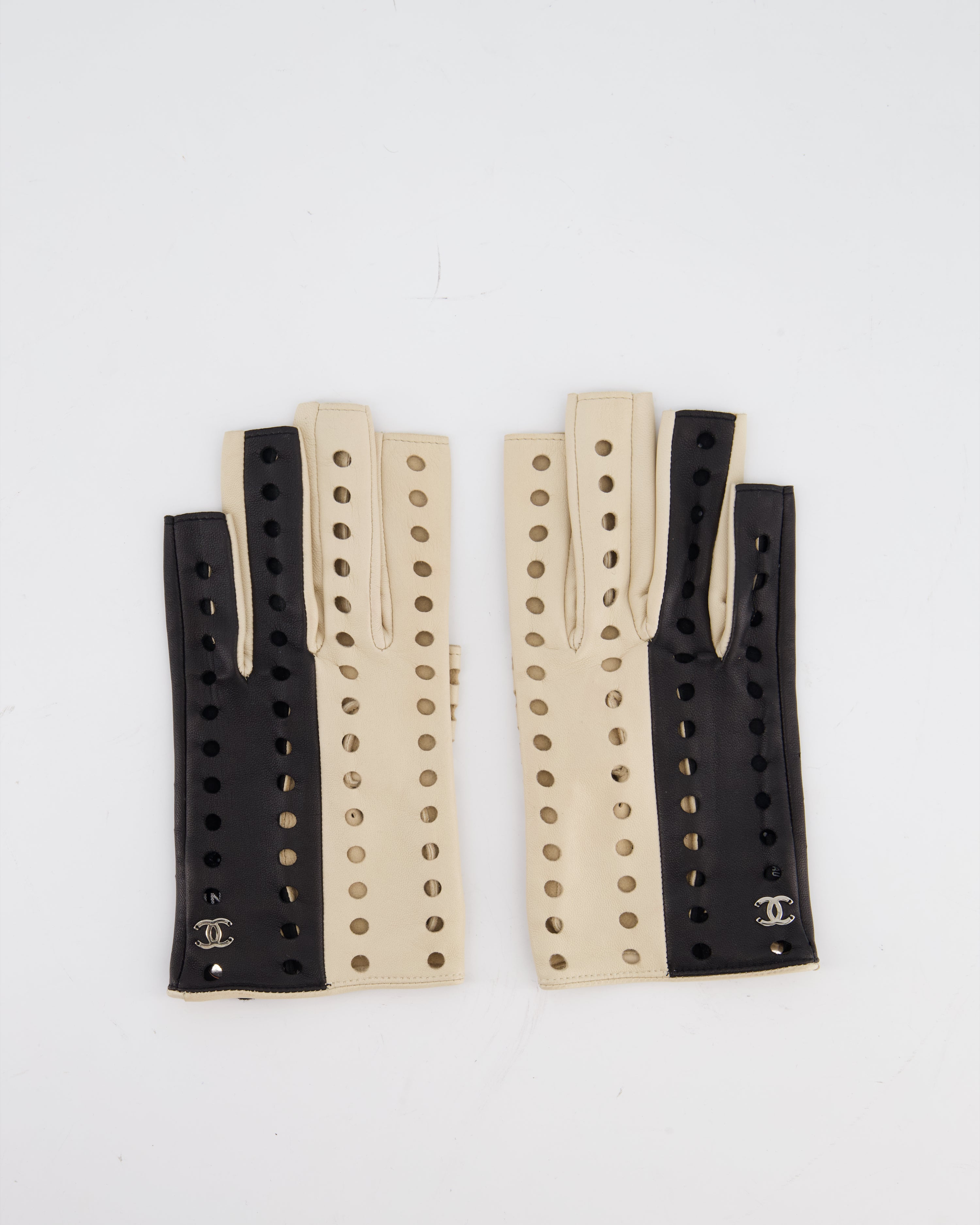 Chanel Black and Beige Perforated Fingerless Leather Gloves Size 7.5