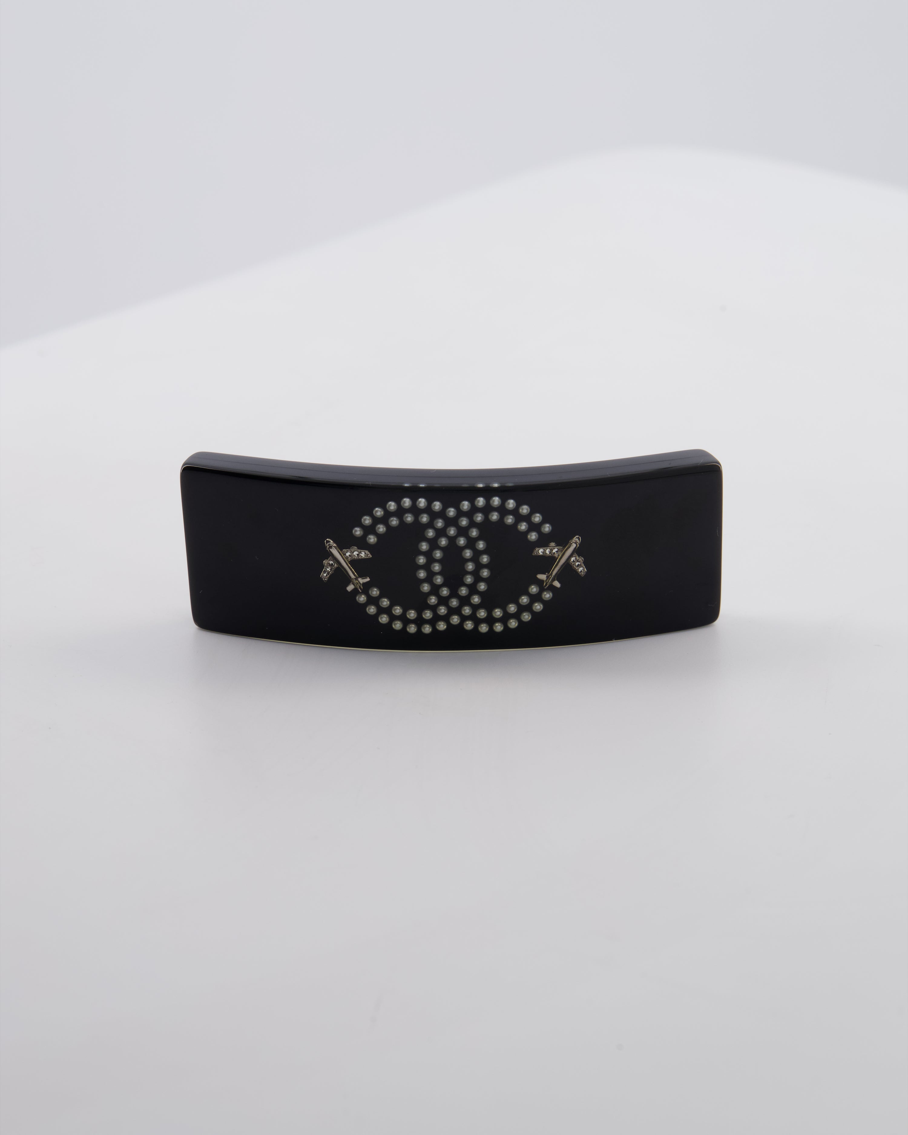 Chanel 16/S Black & White Hair Clip with Logo and Crystals