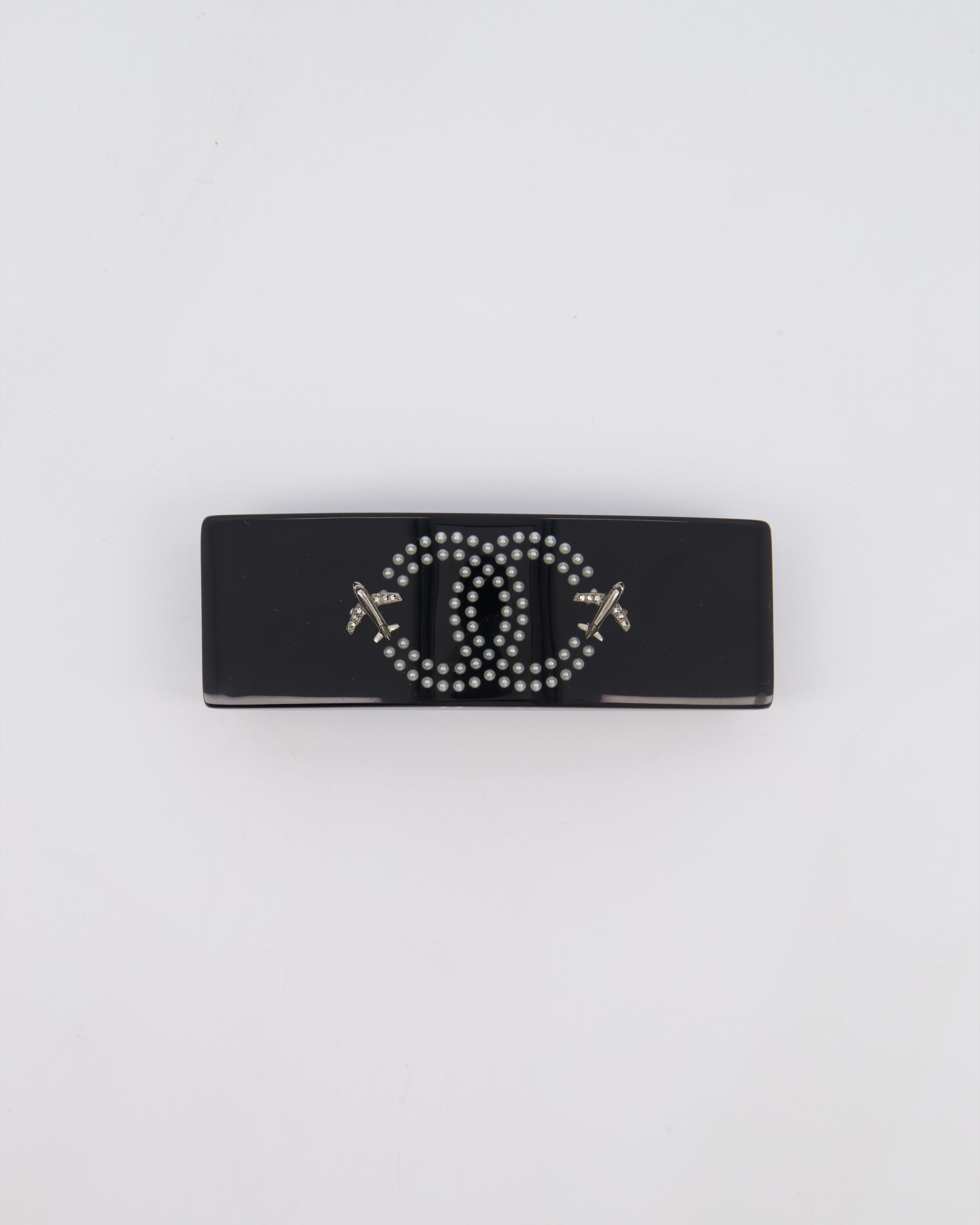 Chanel 16/S Black & White Hair Clip with Logo and Crystals