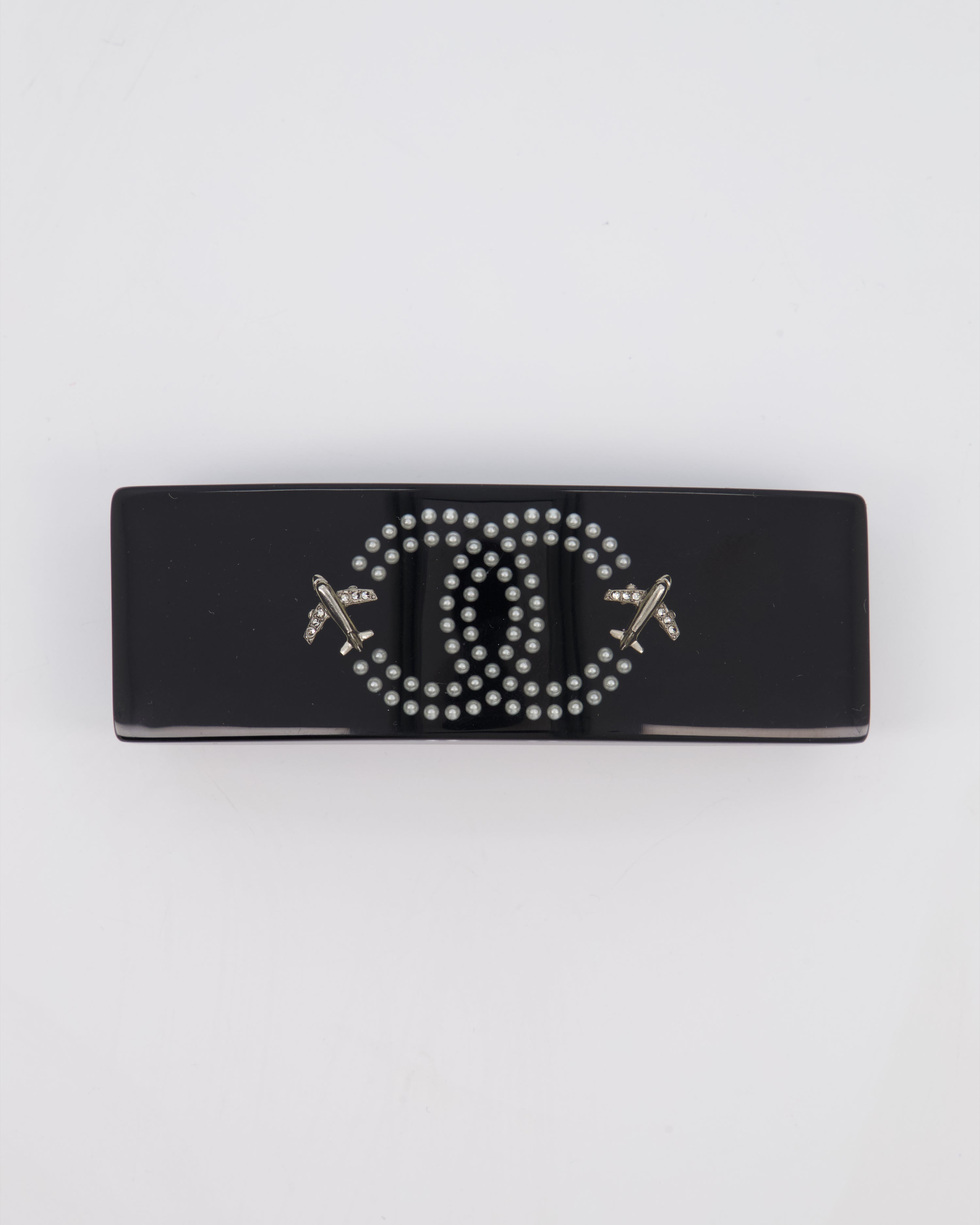 Chanel 16/S Black & White Hair Clip with Logo and Crystals