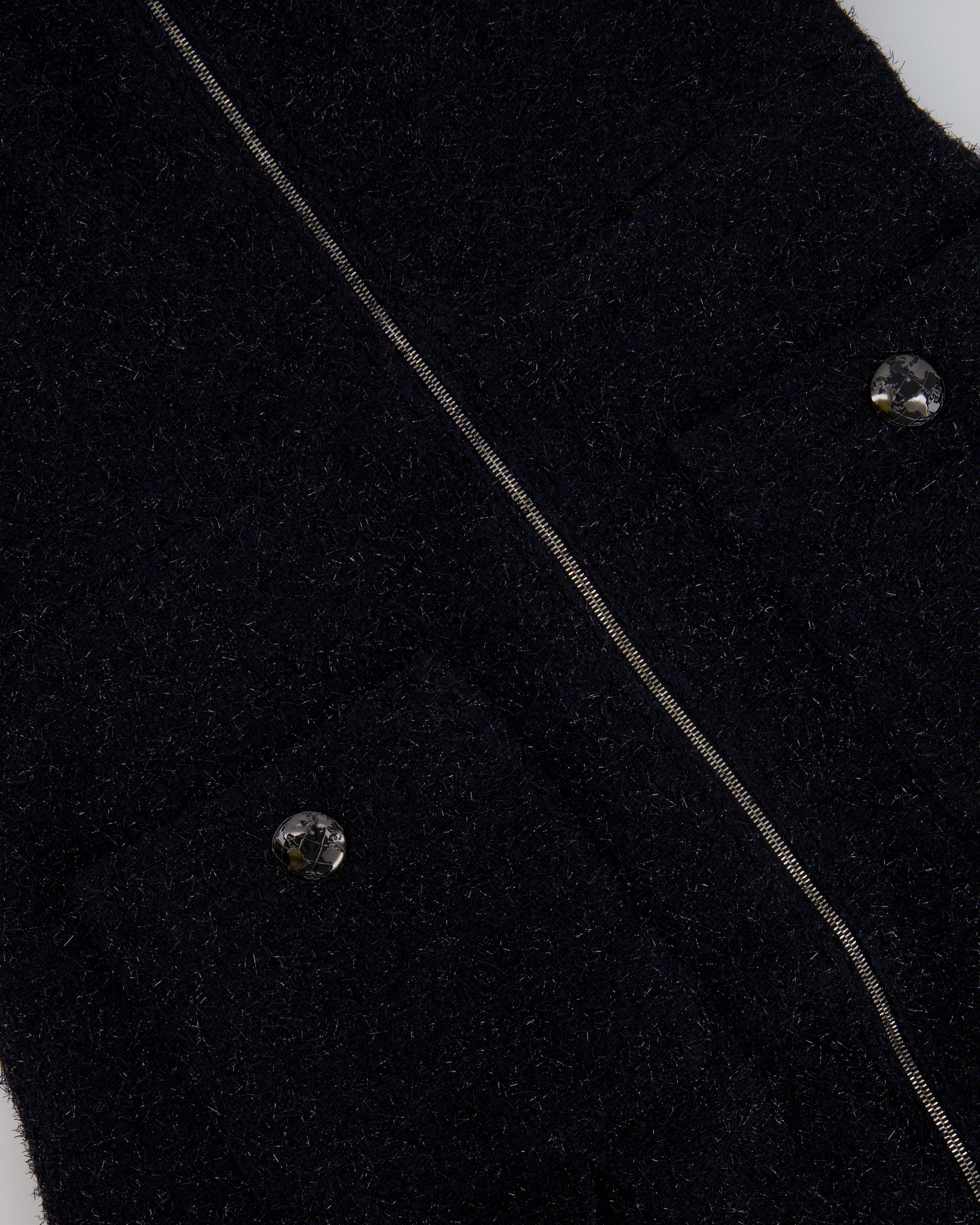 Chanel Black Shimmery Mini Dress with Silver Zip and Globe CC Buttons Detail Size FR 36 (UK 8)