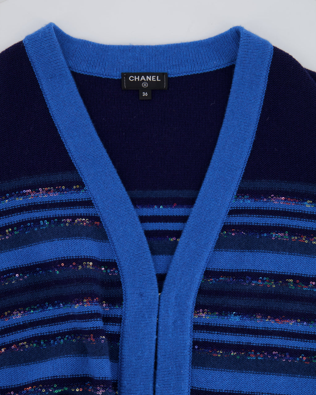 Chanel 20C Blue and Navy Cashmere Striped Long Cardigan with Multicolour Sequins Detail and Silver Camellia CC Buttons Size FR 36 (UK 8)