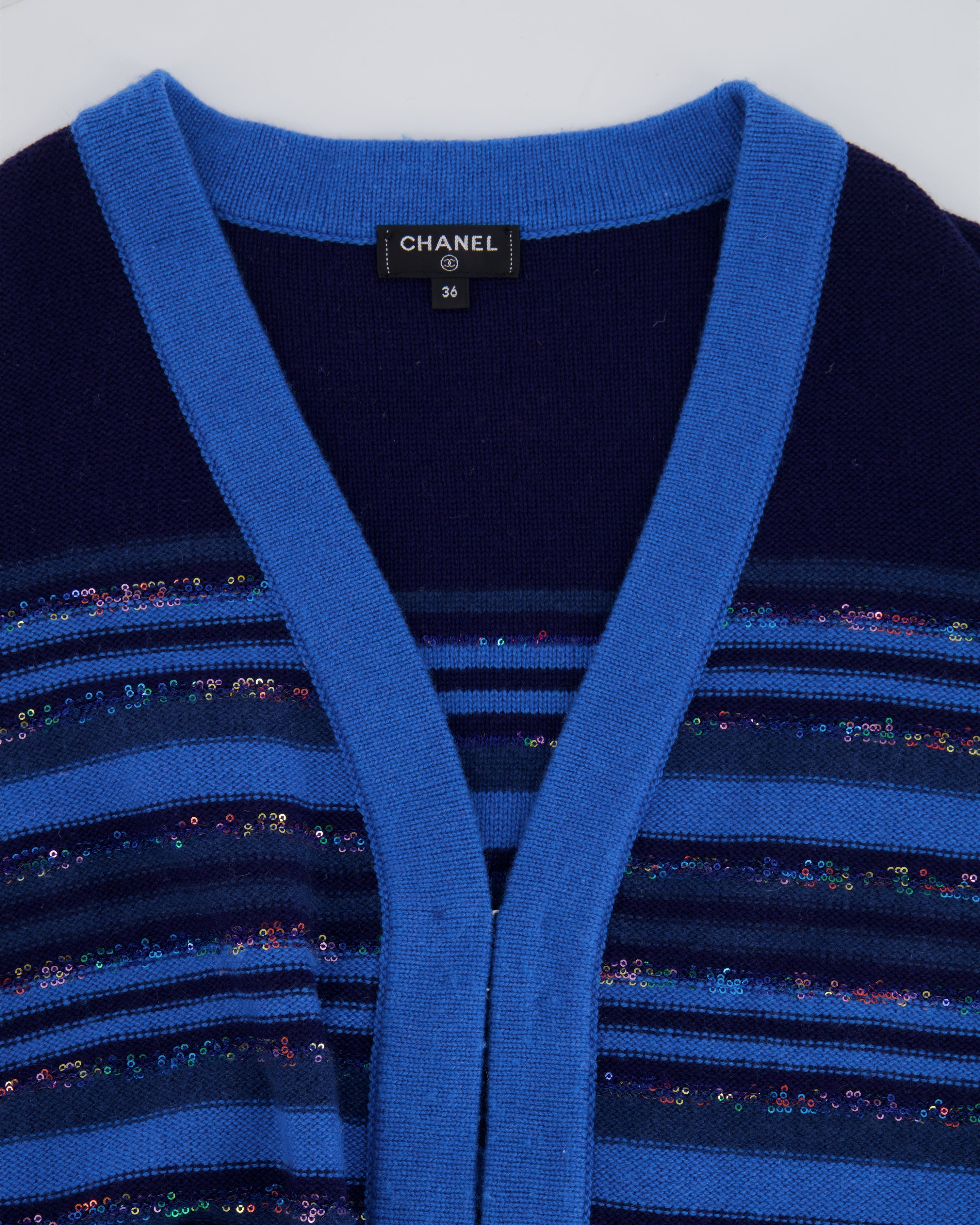 Chanel 20C Blue and Navy Cashmere Striped Long Cardigan with Multicolour Sequins Detail and Silver Camellia CC Buttons Size FR 36 (UK 8)