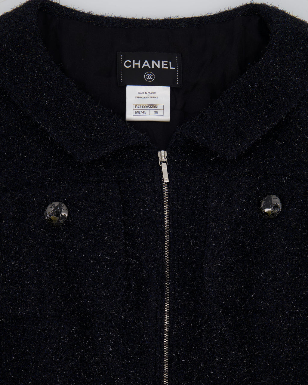 Chanel Black Shimmery Mini Dress with Silver Zip and Globe CC Buttons Detail Size FR 36 (UK 8)