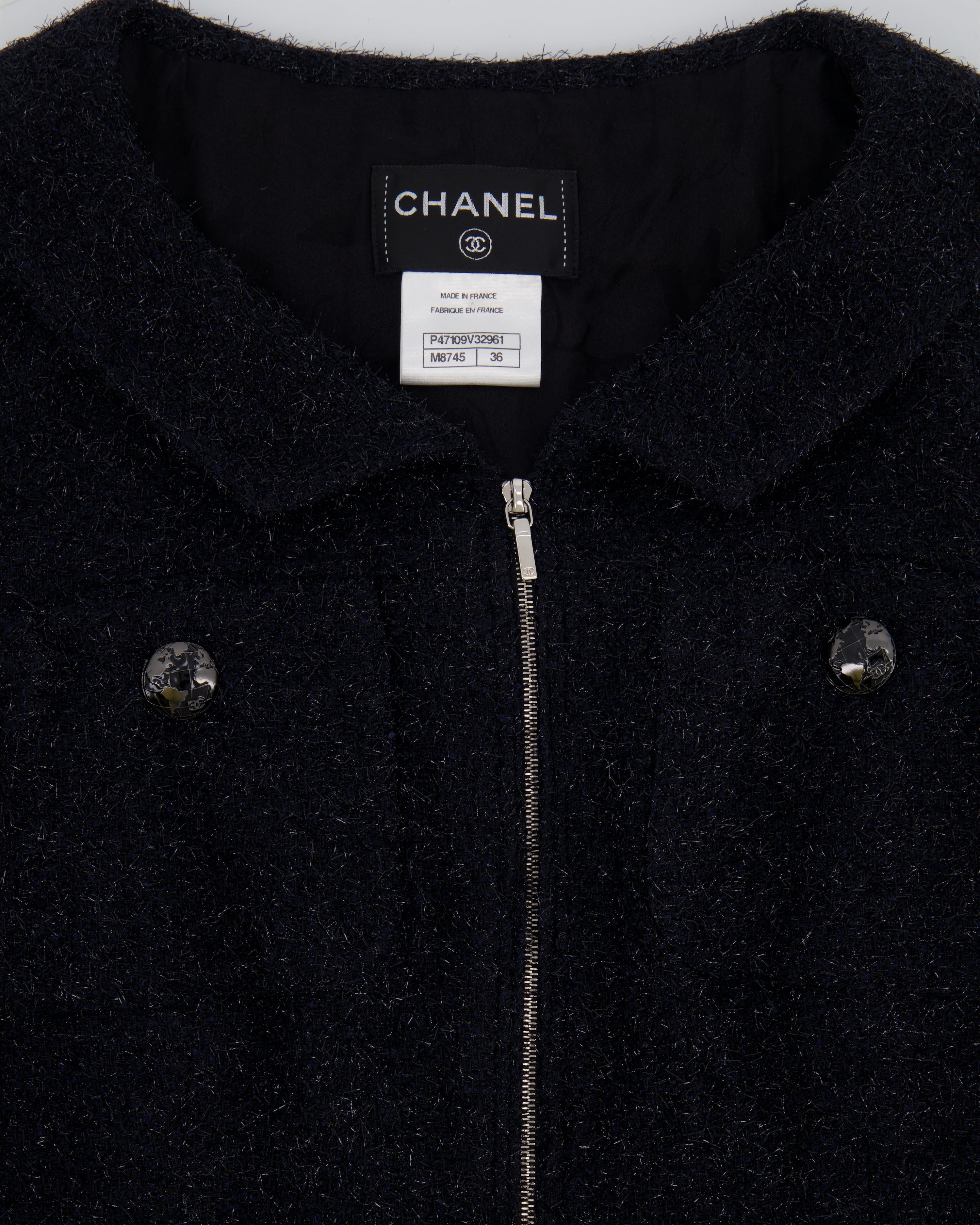 Chanel Black Shimmery Mini Dress with Silver Zip and Globe CC Buttons Detail Size FR 36 (UK 8)