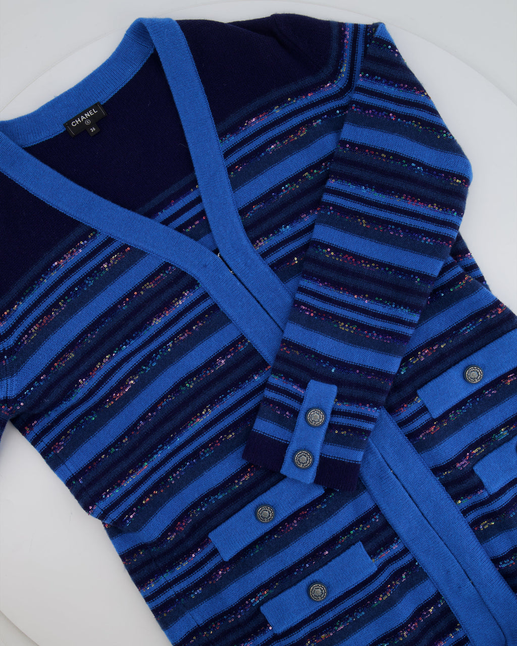 Chanel 20C Blue and Navy Cashmere Striped Long Cardigan with Multicolour Sequins Detail and Silver Camellia CC Buttons Size FR 36 (UK 8)
