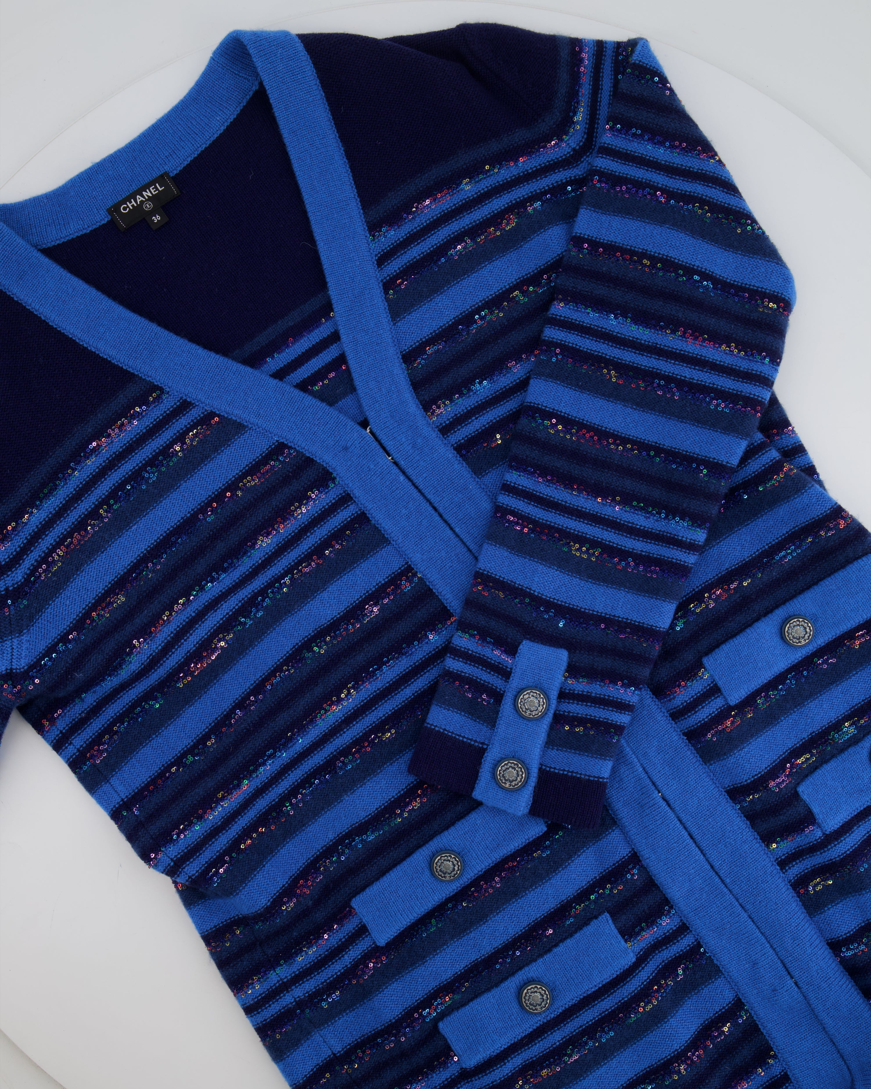 Chanel 20C Blue and Navy Cashmere Striped Long Cardigan with Multicolour Sequins Detail and Silver Camellia CC Buttons Size FR 36 (UK 8)
