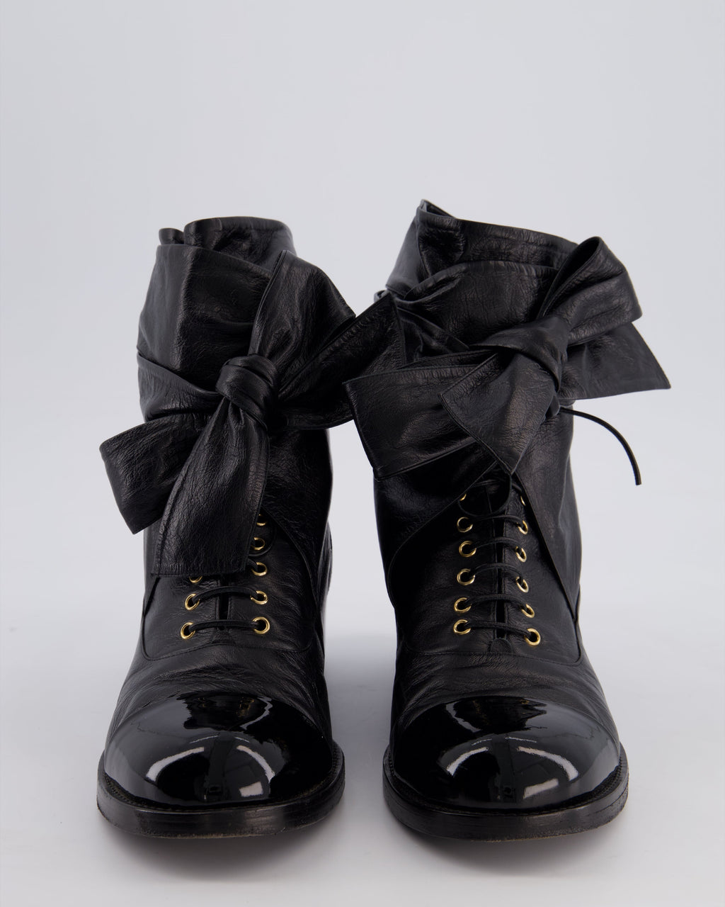 Chanel Black Crumpled Calfskin Lace Up Combat Boots with Tie-Up Straps & Patent Leather Toe Cap Detail Size EU 40