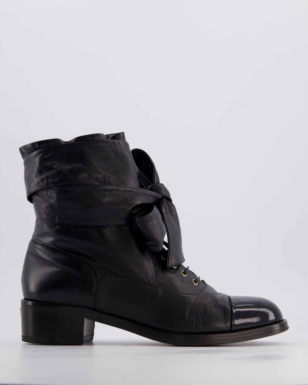 Chanel Black Crumpled Calfskin Lace Up Combat Boots with Tie-Up Straps & Patent Leather Toe Cap Detail Size EU 40
