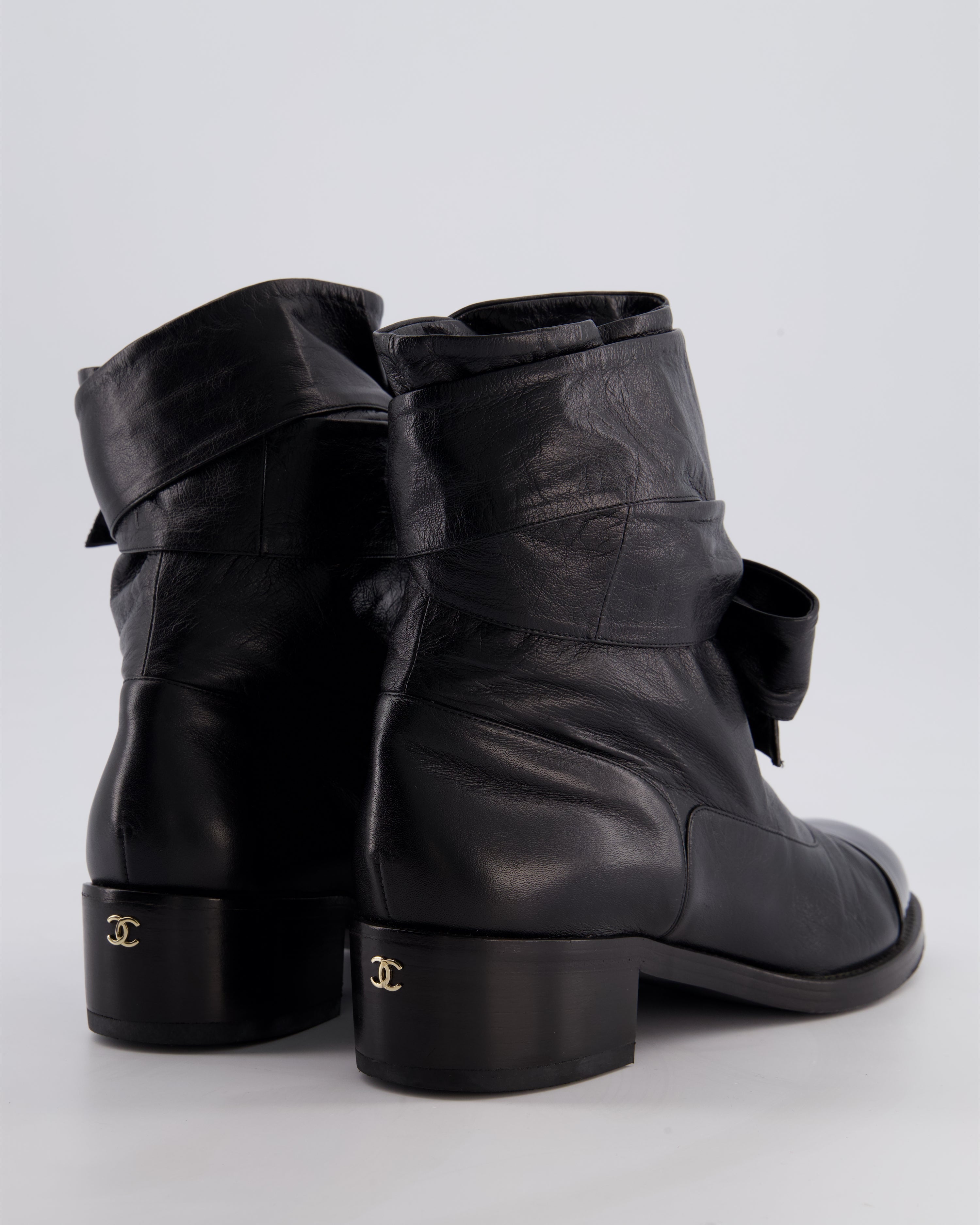 Chanel Black Crumpled Calfskin Lace Up Combat Boots with Tie-Up Straps & Patent Leather Toe Cap Detail Size EU 40