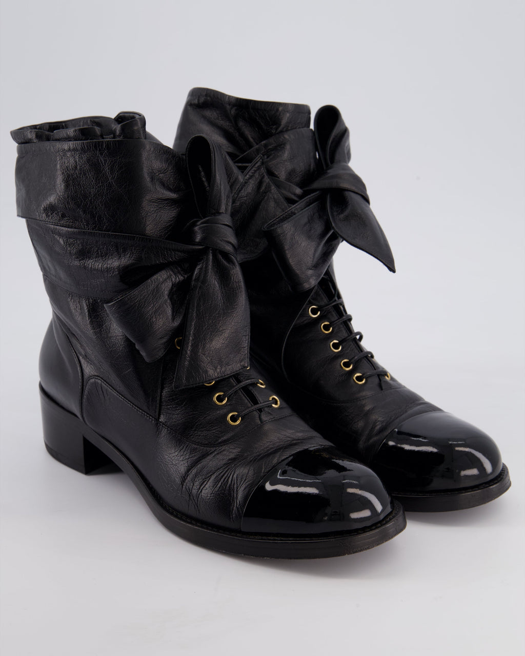 Chanel Black Crumpled Calfskin Lace Up Combat Boots with Tie-Up Straps & Patent Leather Toe Cap Detail Size EU 40