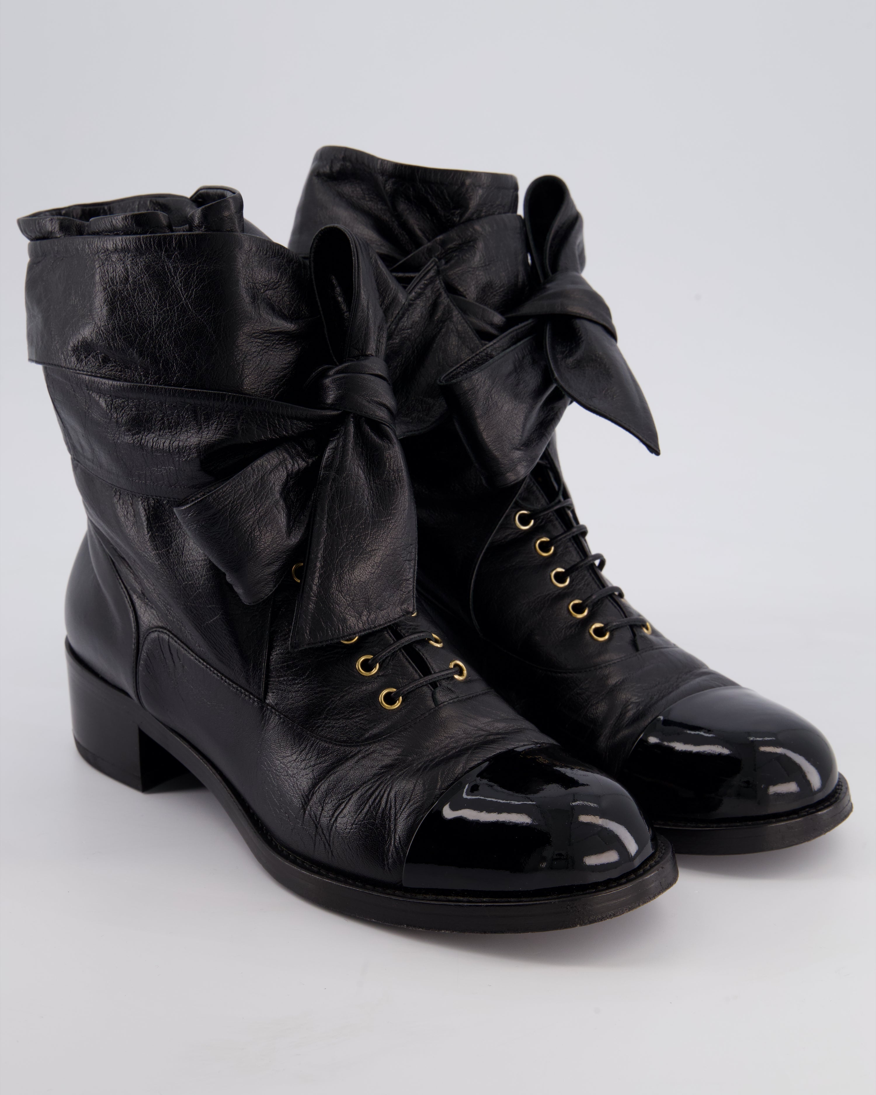 Chanel Black Crumpled Calfskin Lace Up Combat Boots with Tie-Up Straps & Patent Leather Toe Cap Detail Size EU 40