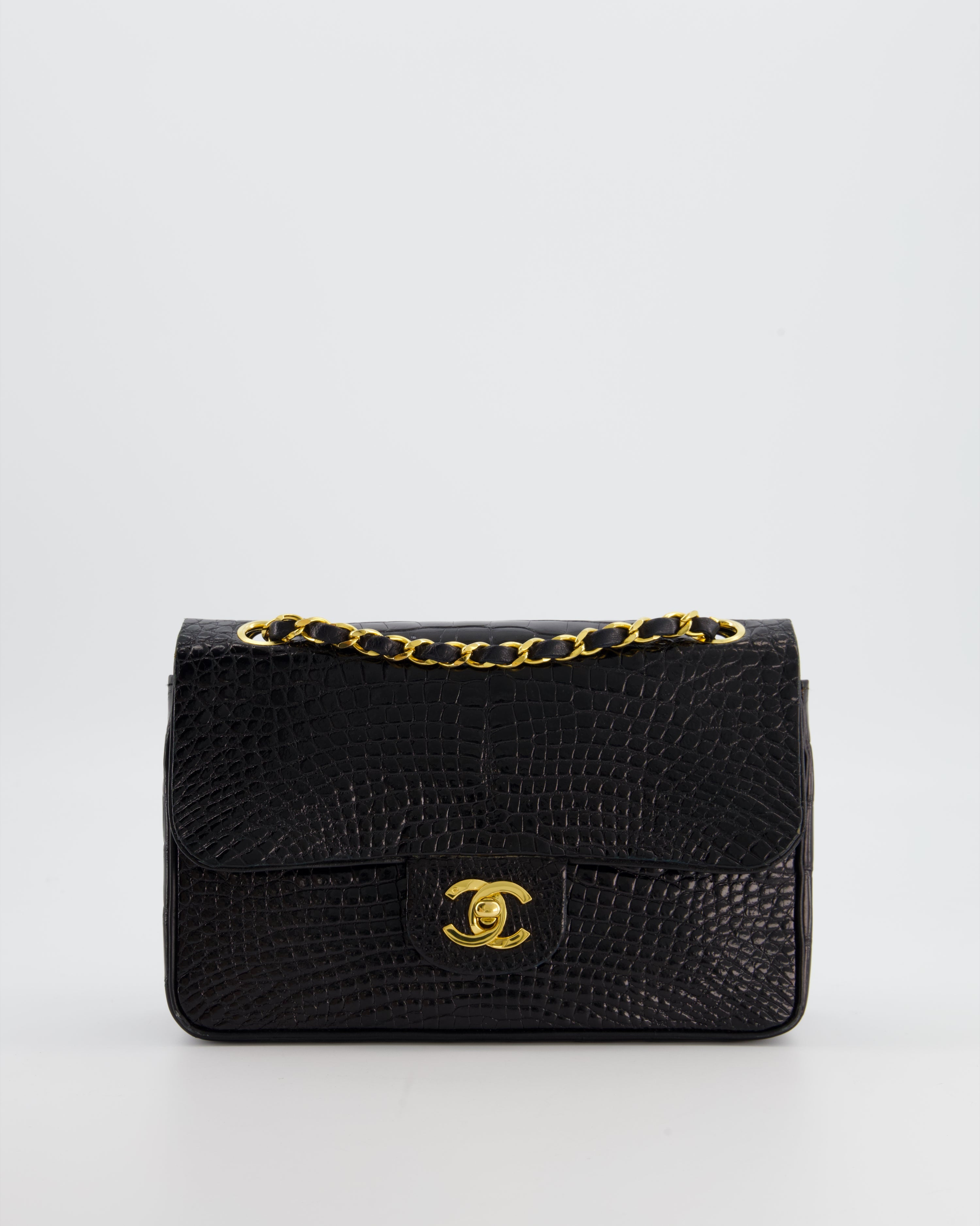 *RARE* Chanel Black Vintage Classic Flap Bag in Shiny Crocodile Leather with 24K Gold Hardware