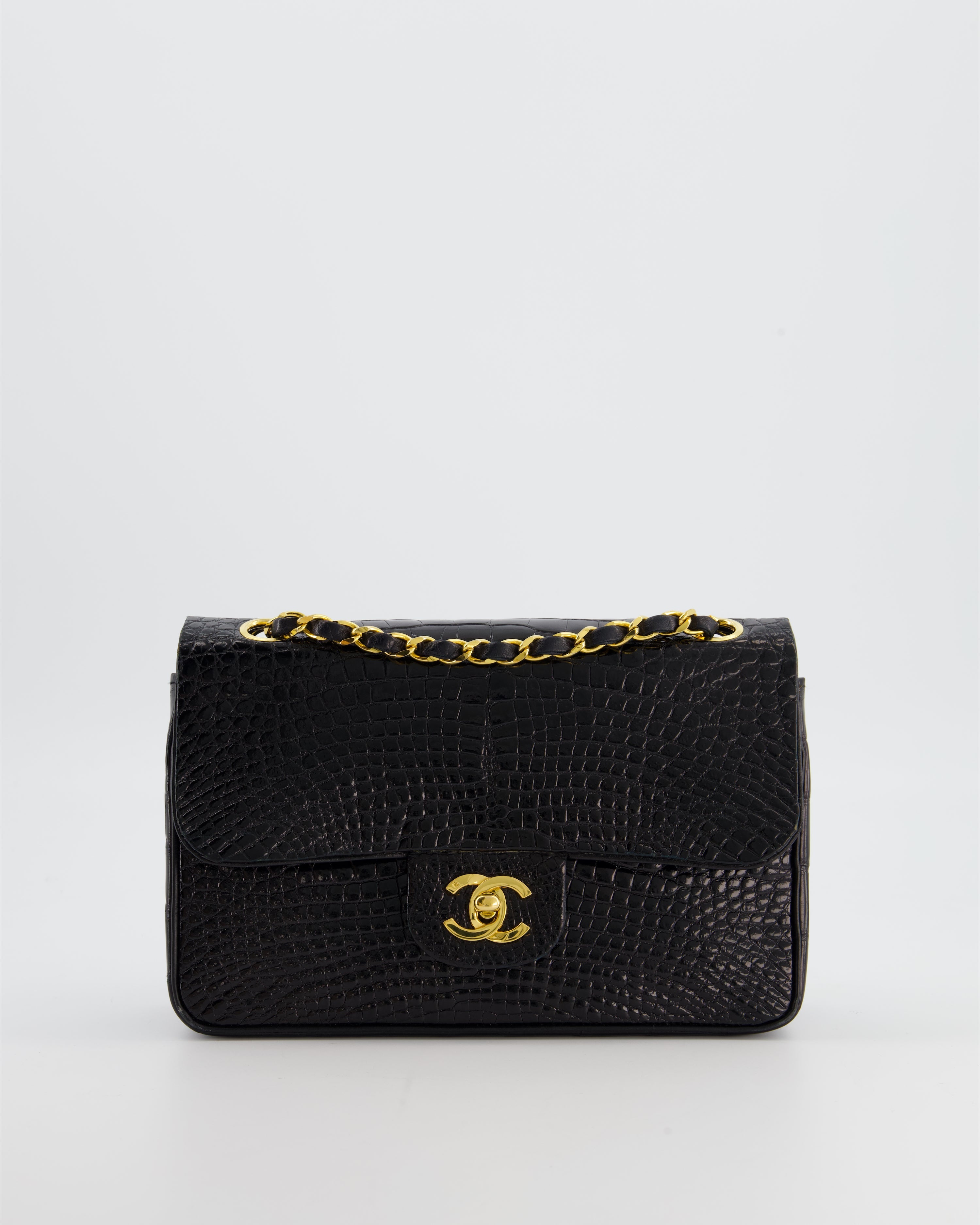 *RARE* Chanel Black Vintage Classic Flap Bag in Shiny Crocodile Leather with 24K Gold Hardware