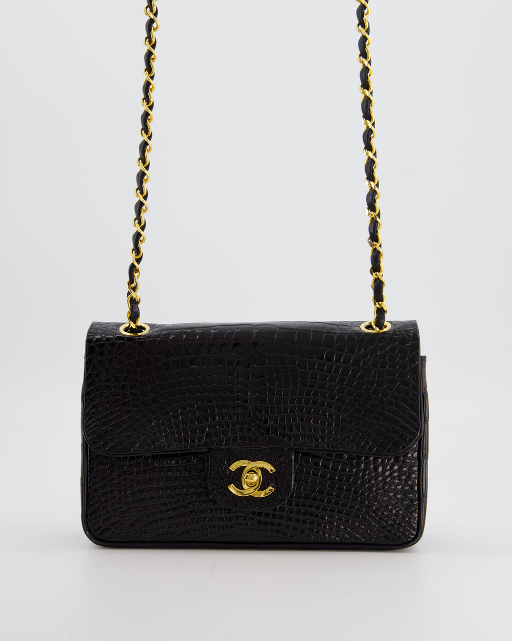 *RARE* Chanel Black Vintage Classic Flap Bag in Shiny Crocodile Leather with 24K Gold Hardware