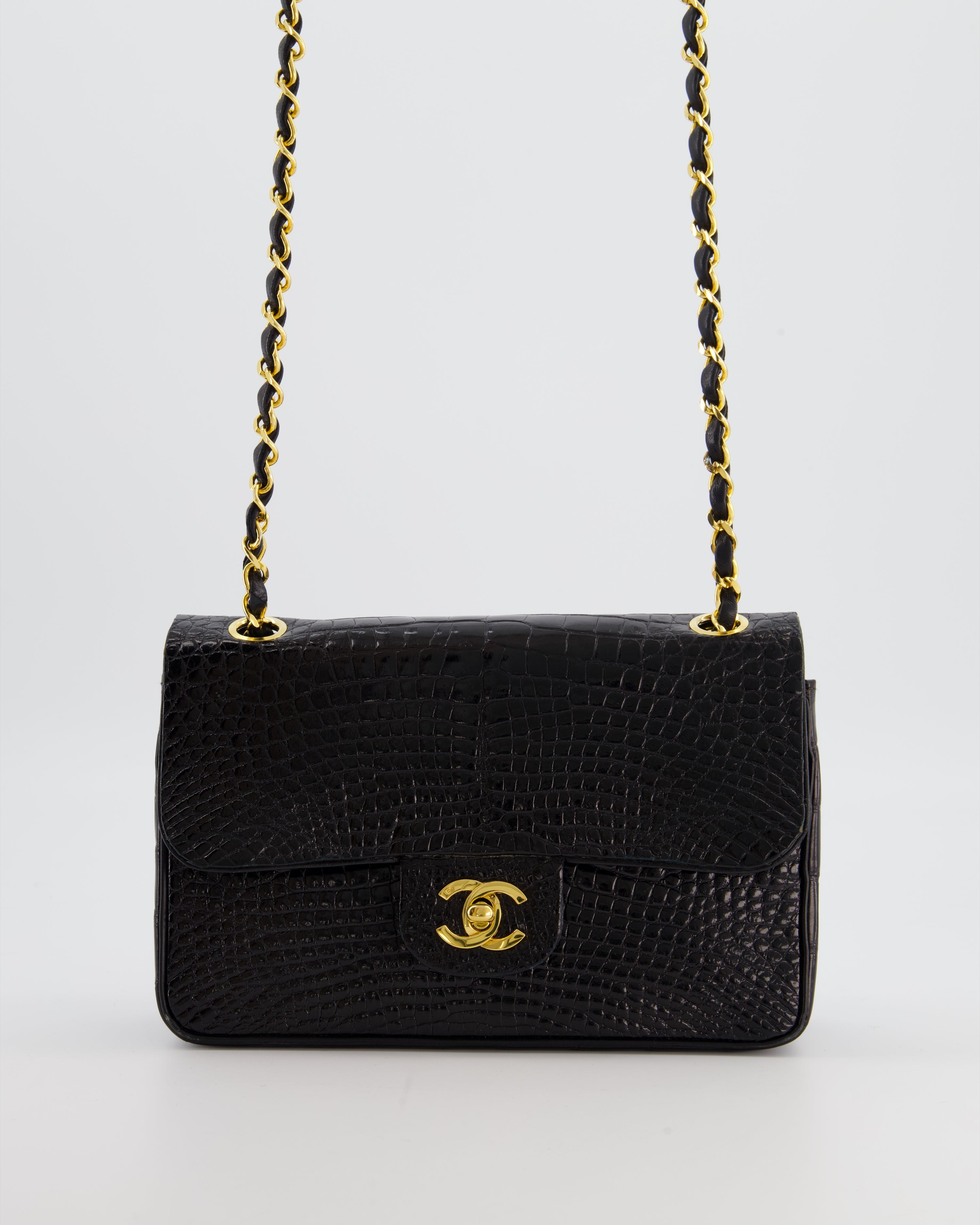 *RARE* Chanel Black Vintage Classic Flap Bag in Shiny Crocodile Leather with 24K Gold Hardware