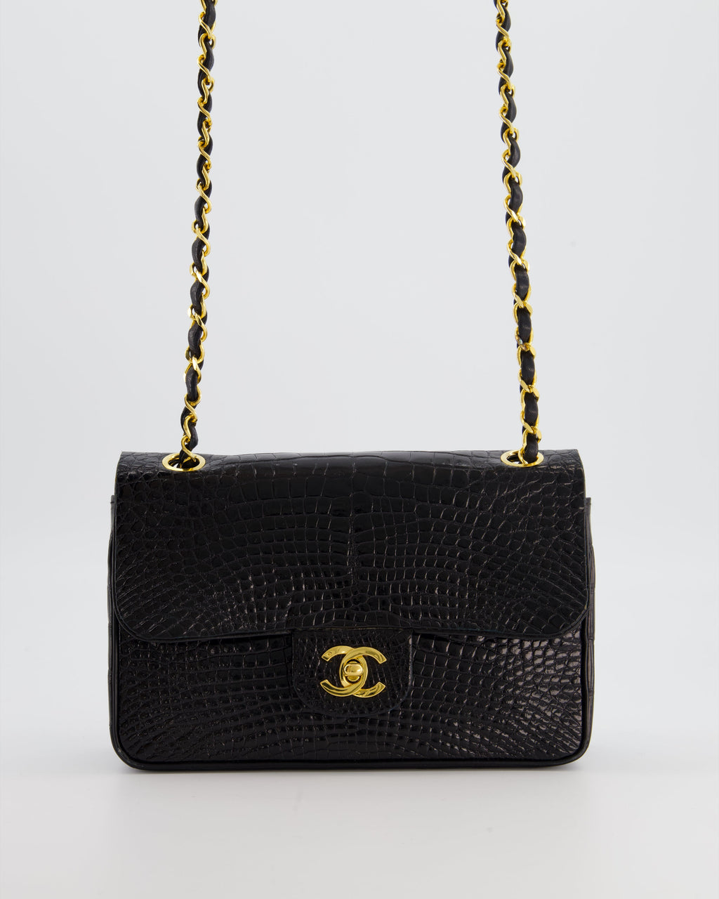 *RARE* Chanel Black Vintage Classic Flap Bag in Shiny Crocodile Leather with 24K Gold Hardware