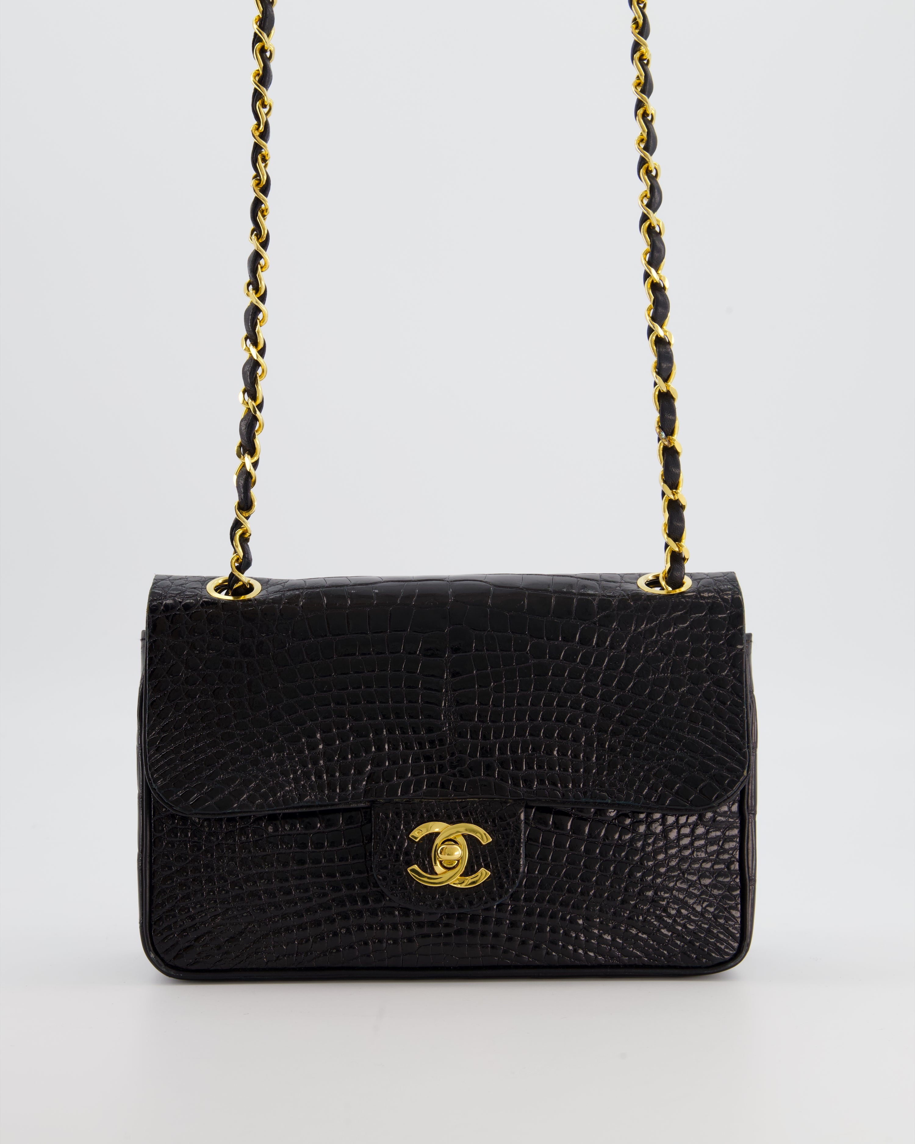 *RARE* Chanel Black Vintage Classic Flap Bag in Shiny Crocodile Leather with 24K Gold Hardware