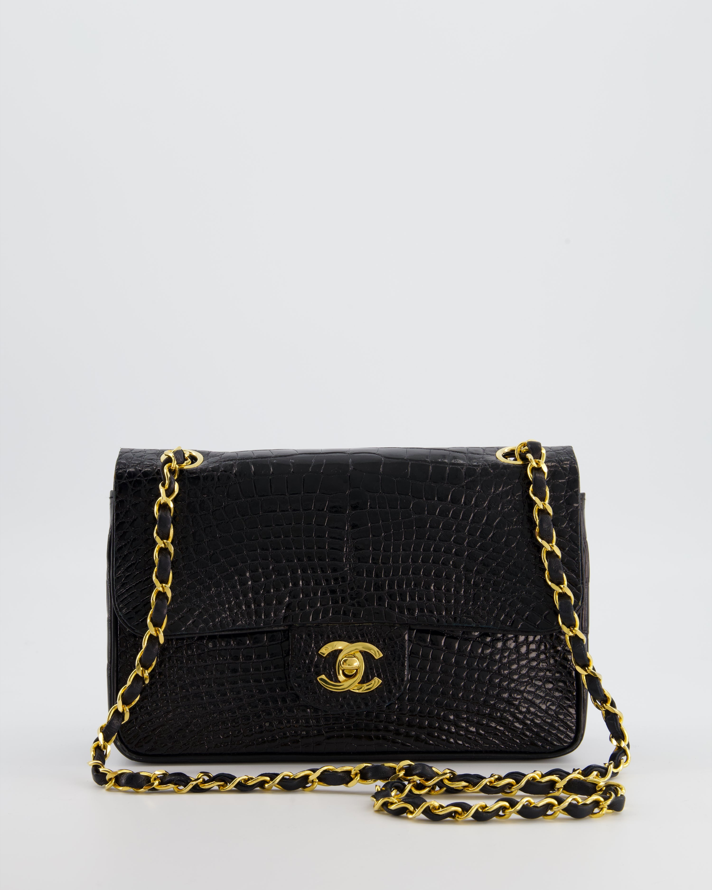 *RARE* Chanel Black Vintage Classic Flap Bag in Shiny Crocodile Leather with 24K Gold Hardware