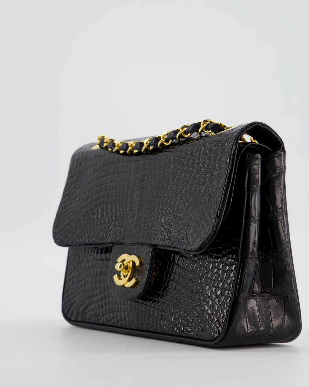 *RARE* Chanel Black Vintage Classic Flap Bag in Shiny Crocodile Leather with 24K Gold Hardware