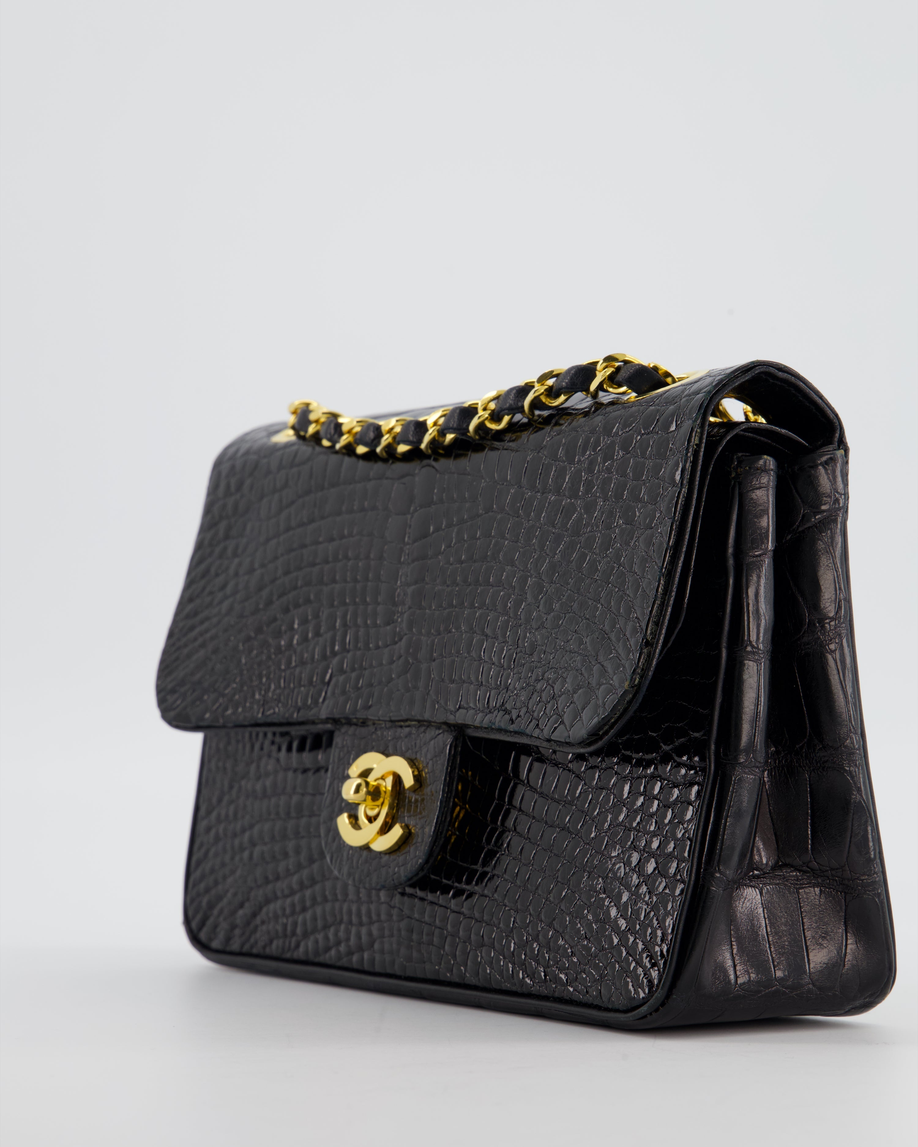 *RARE* Chanel Black Vintage Classic Flap Bag in Shiny Crocodile Leather with 24K Gold Hardware