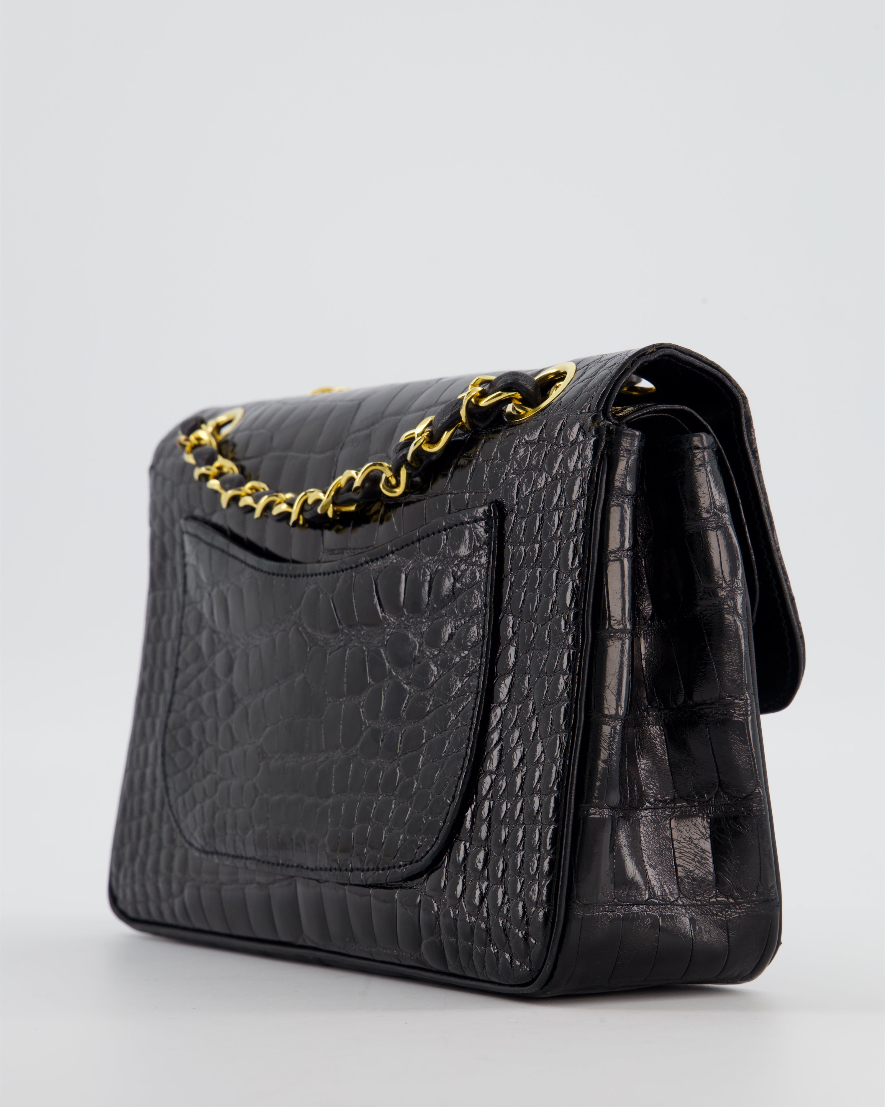 *RARE* Chanel Black Vintage Classic Flap Bag in Shiny Crocodile Leather with 24K Gold Hardware