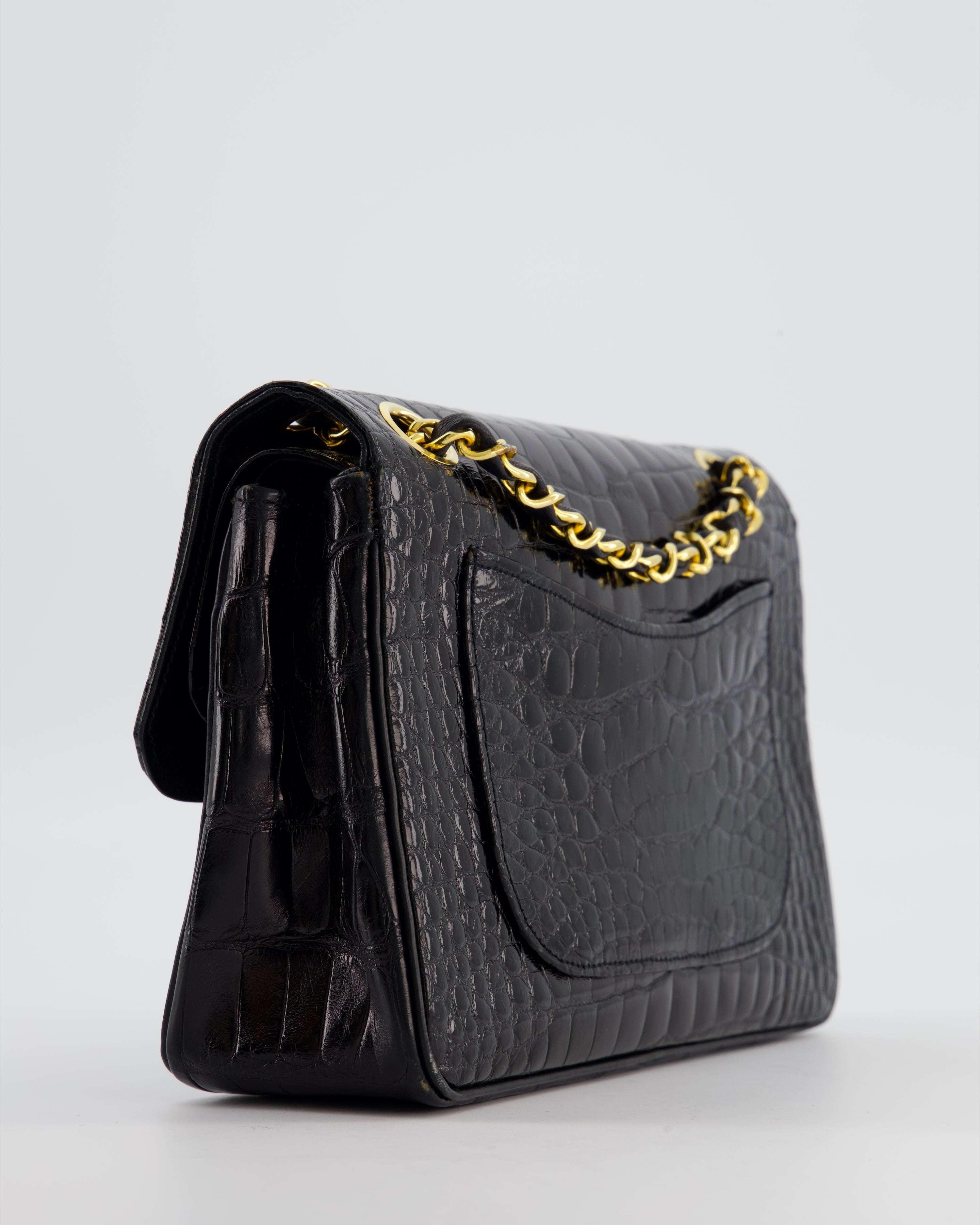 *RARE* Chanel Black Vintage Classic Flap Bag in Shiny Crocodile Leather with 24K Gold Hardware