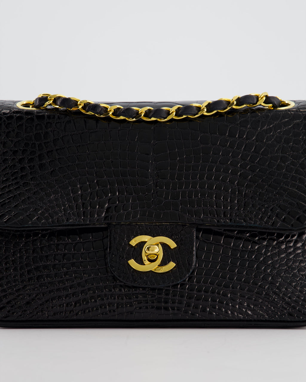 *RARE* Chanel Black Vintage Classic Flap Bag in Shiny Crocodile Leather with 24K Gold Hardware