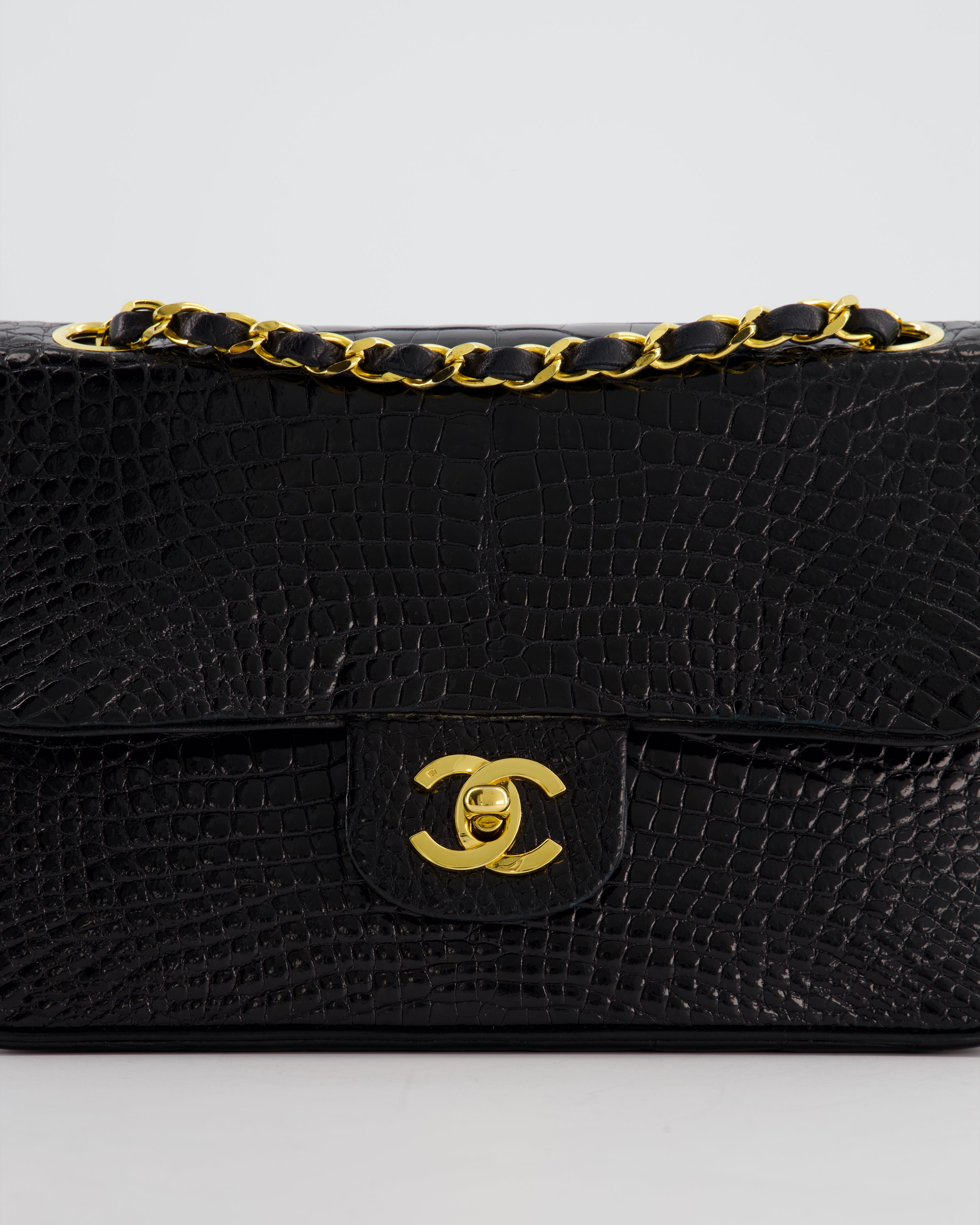 *RARE* Chanel Black Vintage Classic Flap Bag in Shiny Crocodile Leather with 24K Gold Hardware
